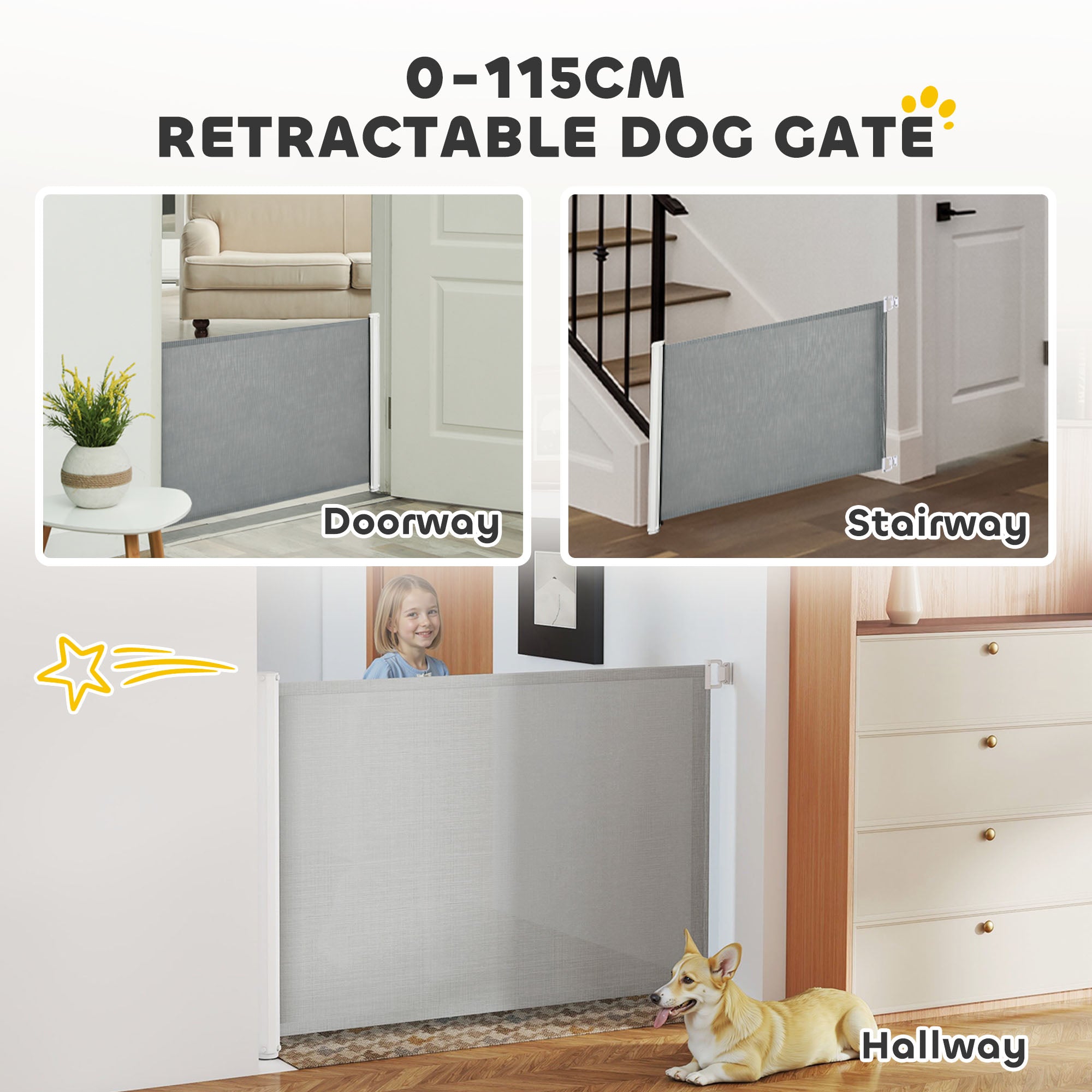 Barrière de sécurité rétractable pour animaux, flexible et extensible pour escaliers, portes et couloirs, grise