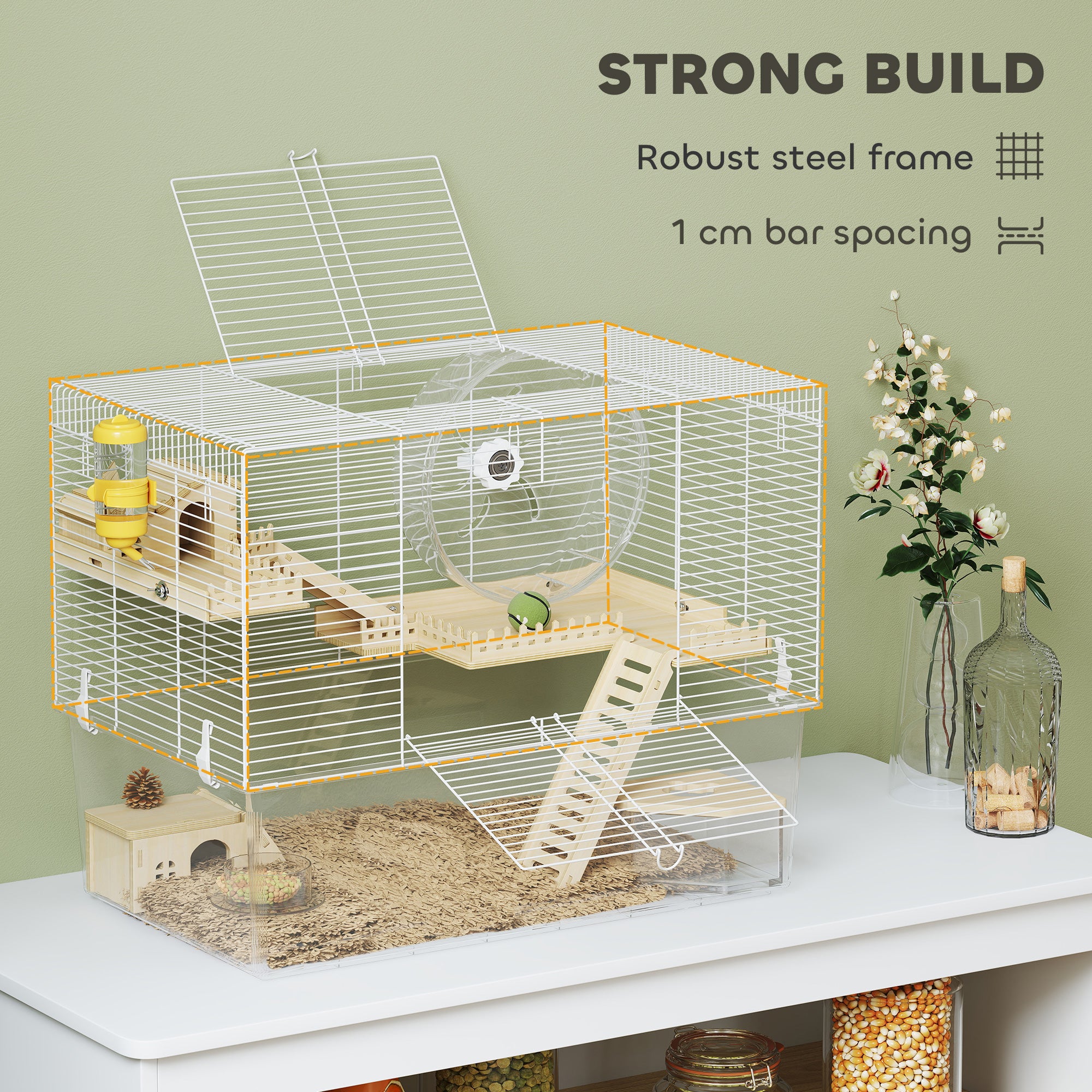 Hamster Cage with Deep Bottom, Wooden Ramp, Hut, Bathroom and Exercise Wheel for Hamster and Gerbil, White