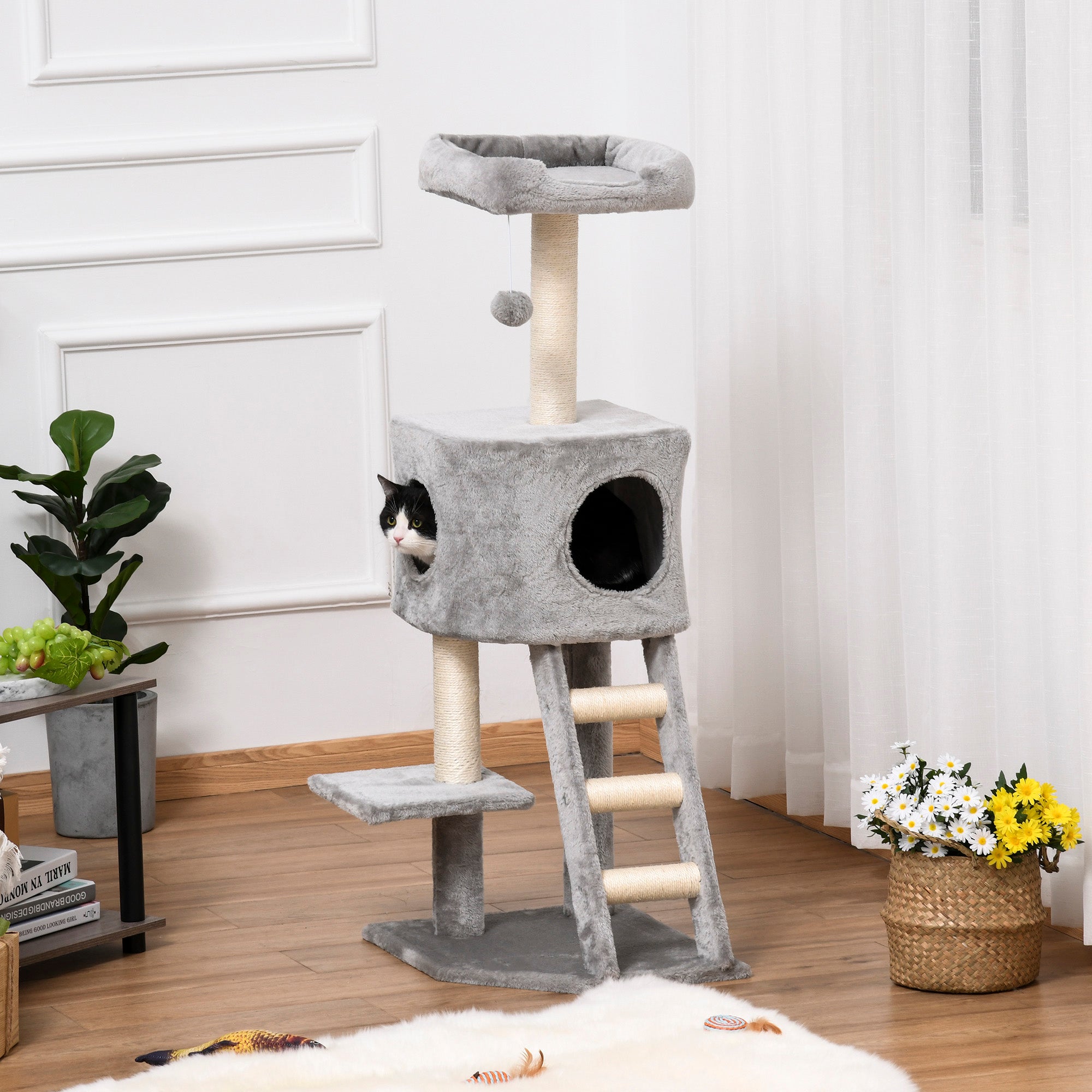 47" Tall Cat Tree Tower with Condo, Ladder, Scratching Posts and Hanging Ball, Light Grey