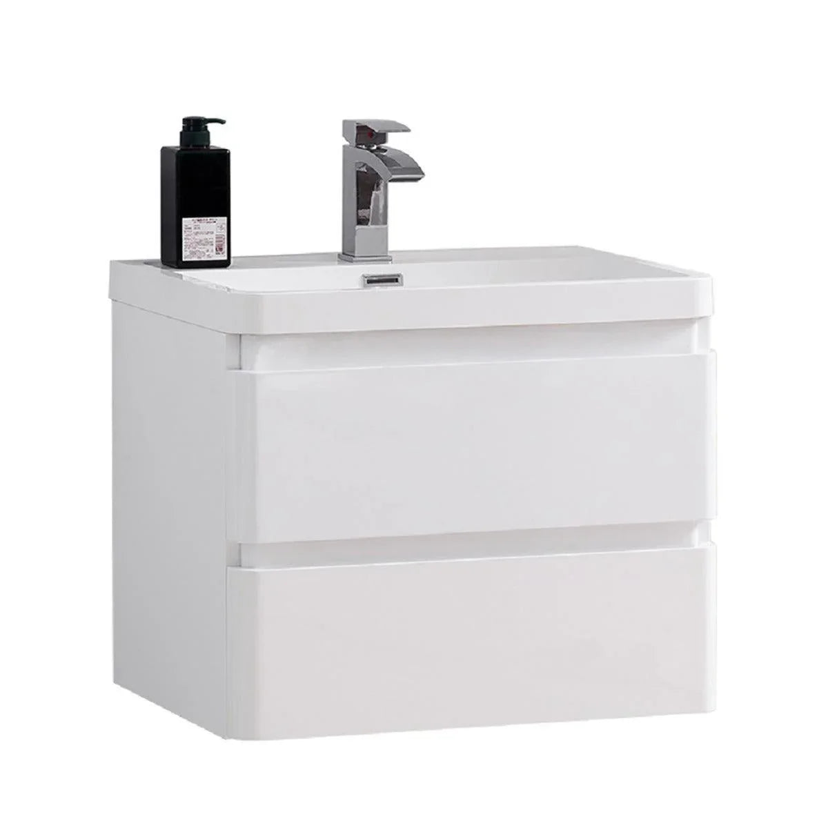 24" Matte White Wall Mount Bathroom Vanity with White Polymarble Countertop
