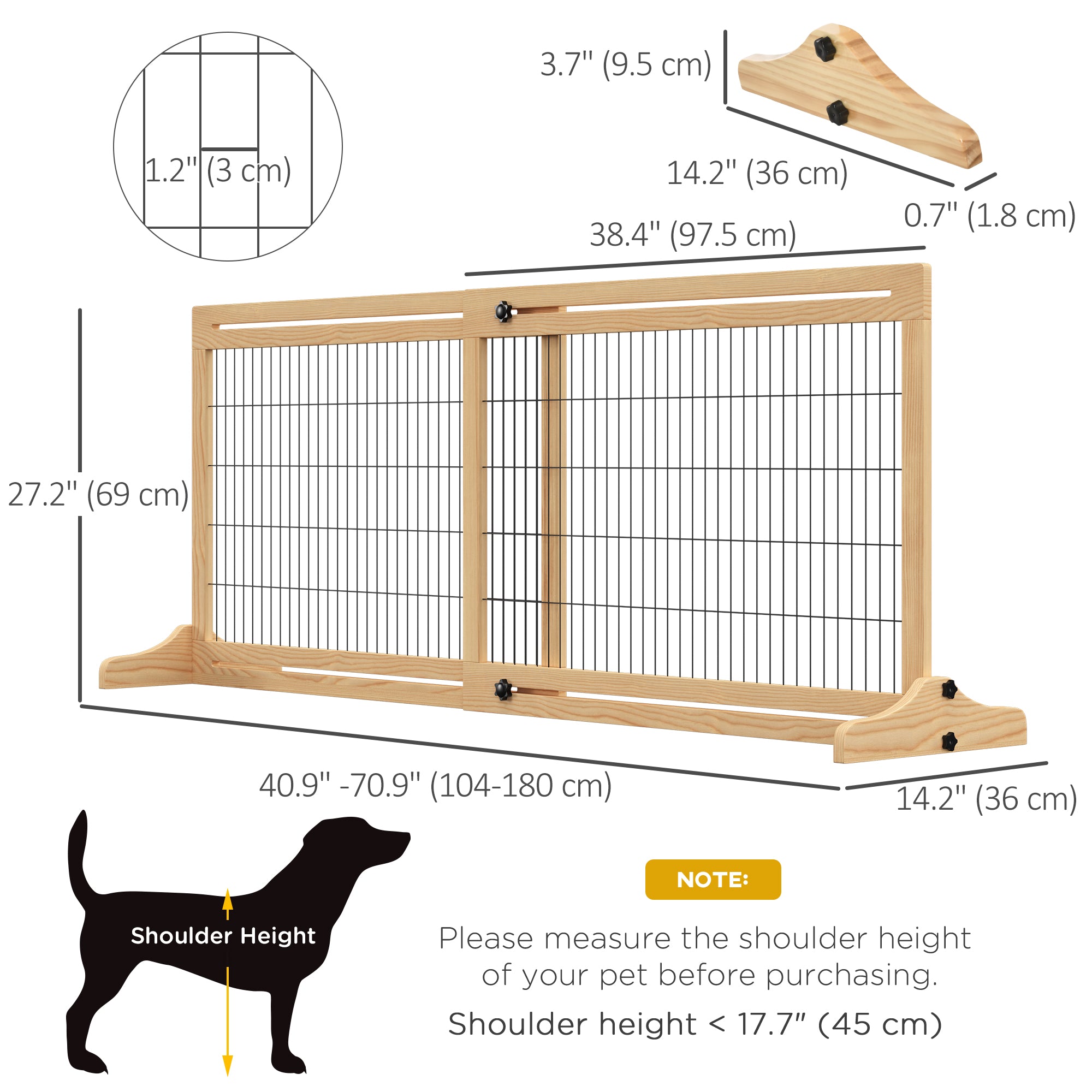 Barrière en bois autoportante pour animaux de compagnie de 41 à 71 po avec pieds de soutien, pour petits et moyens chiens, finition naturelle