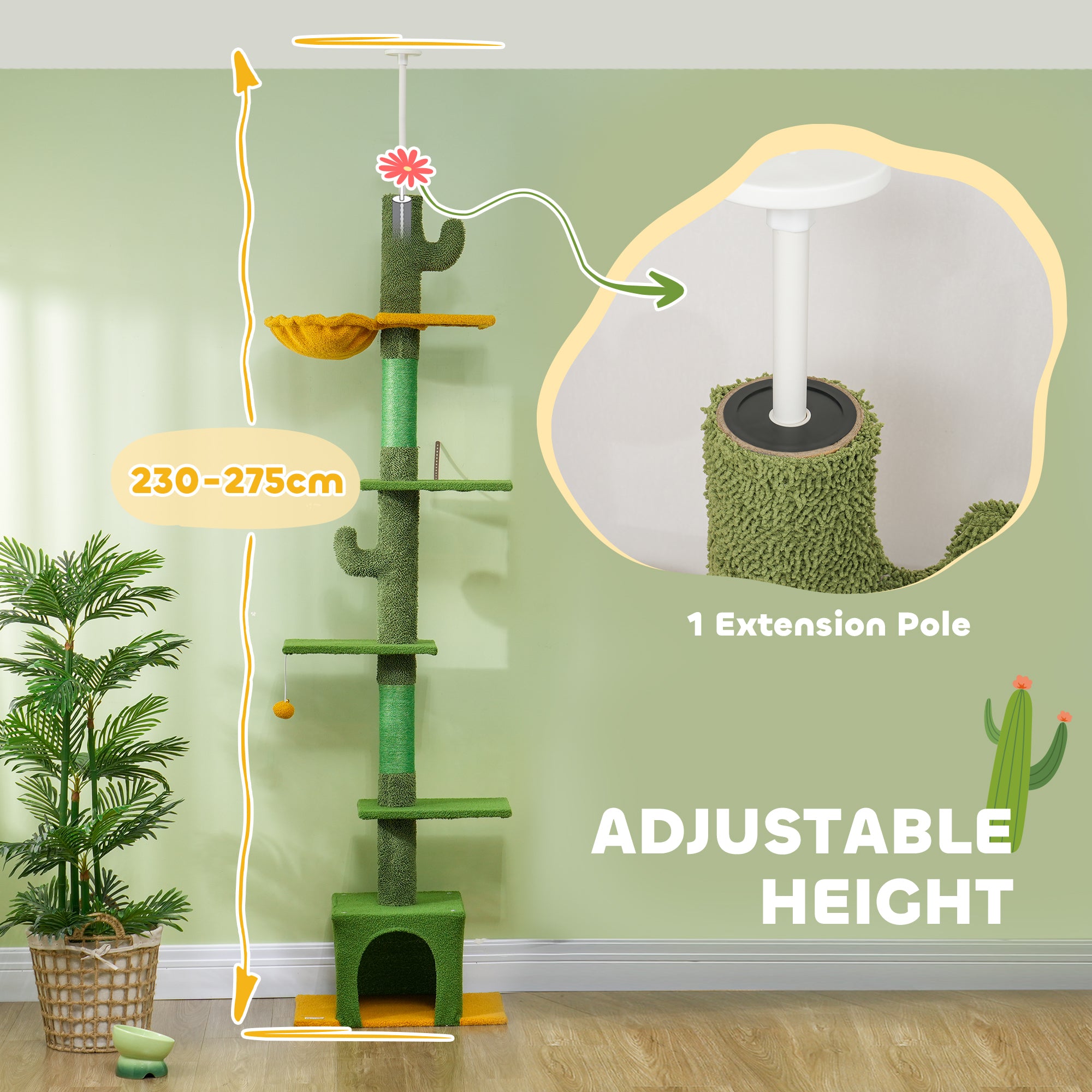 Floor to Ceiling Cat TreeTower with 90.5"-108" Adjustable Height, Scratching Posts, Hammock, Comdo, Toy Ball, Green