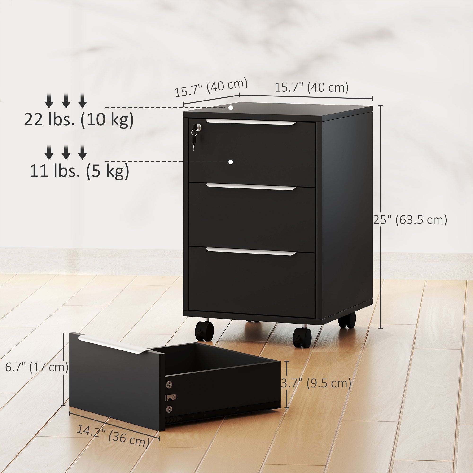 3-Drawer Mobile File Cabinet with Lock - Black 25" Vertical
