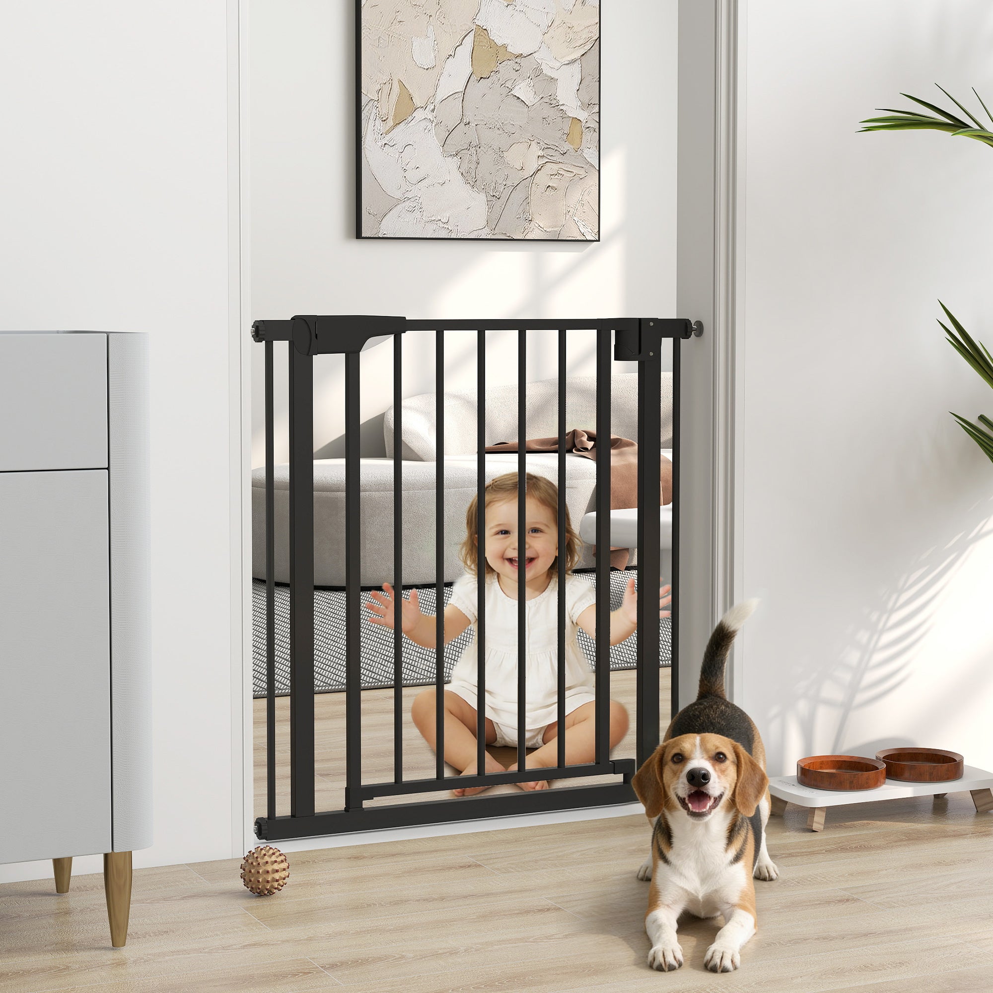 Baby Gate, Pet Safety Gate Pressure Fit, 30"-32" Wide with Two-Way Open, Auto-Close for Stair, Doorways, Hallways, Black