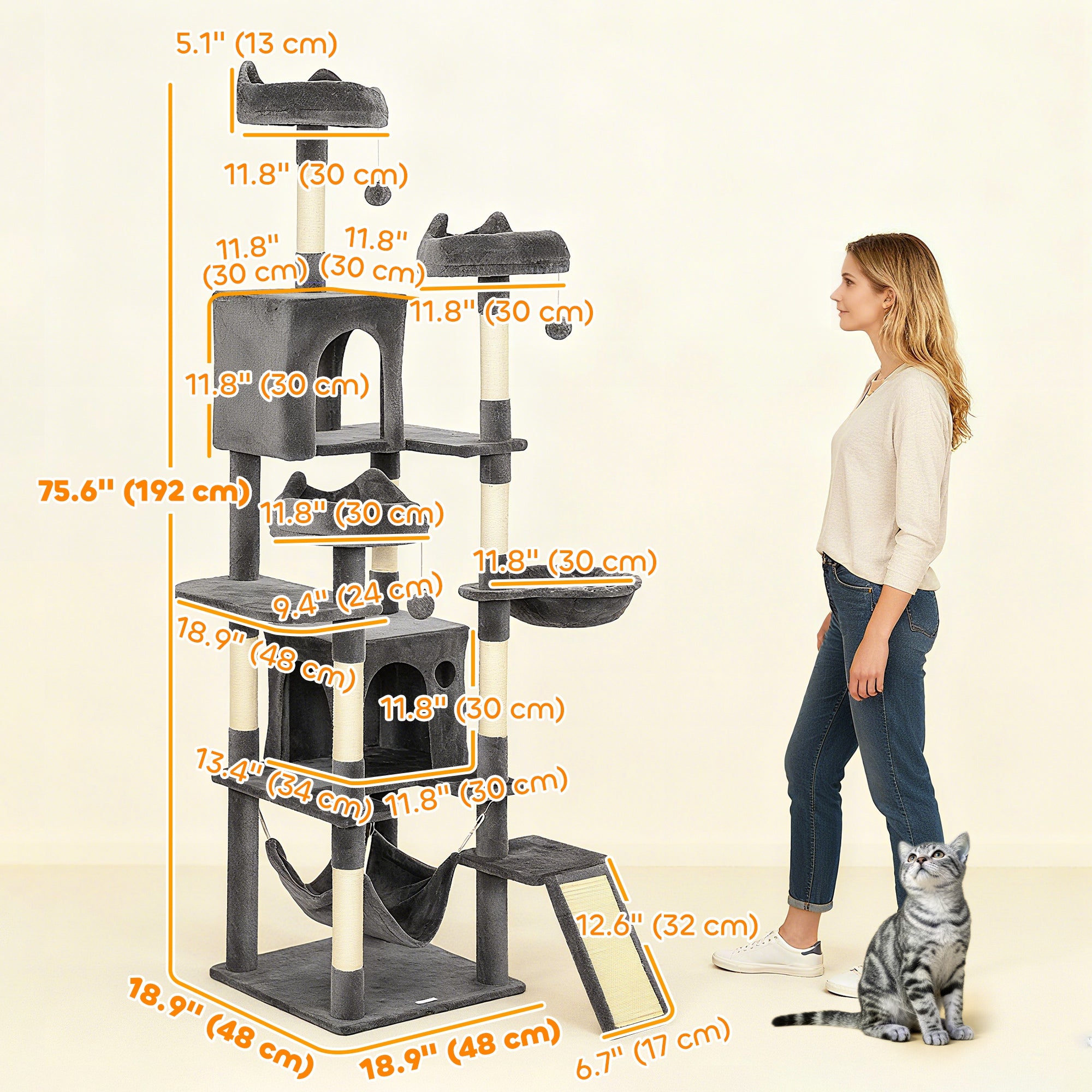 76" Large Cat Tree for Indoor Cats with 8 Scratching Posts, 3 Plush Beds, 2 Hammocks, 2 Large Condos, Ramp, Dark Grey
