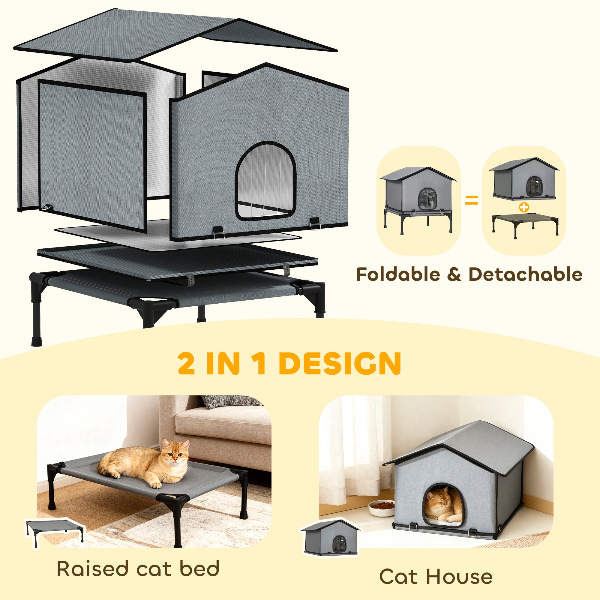 Outdoor Cat House, Waterproof Insulated Cat Kennel with Elevated Base, Foldable Feral Kitty Shelter for Kittens, Grey