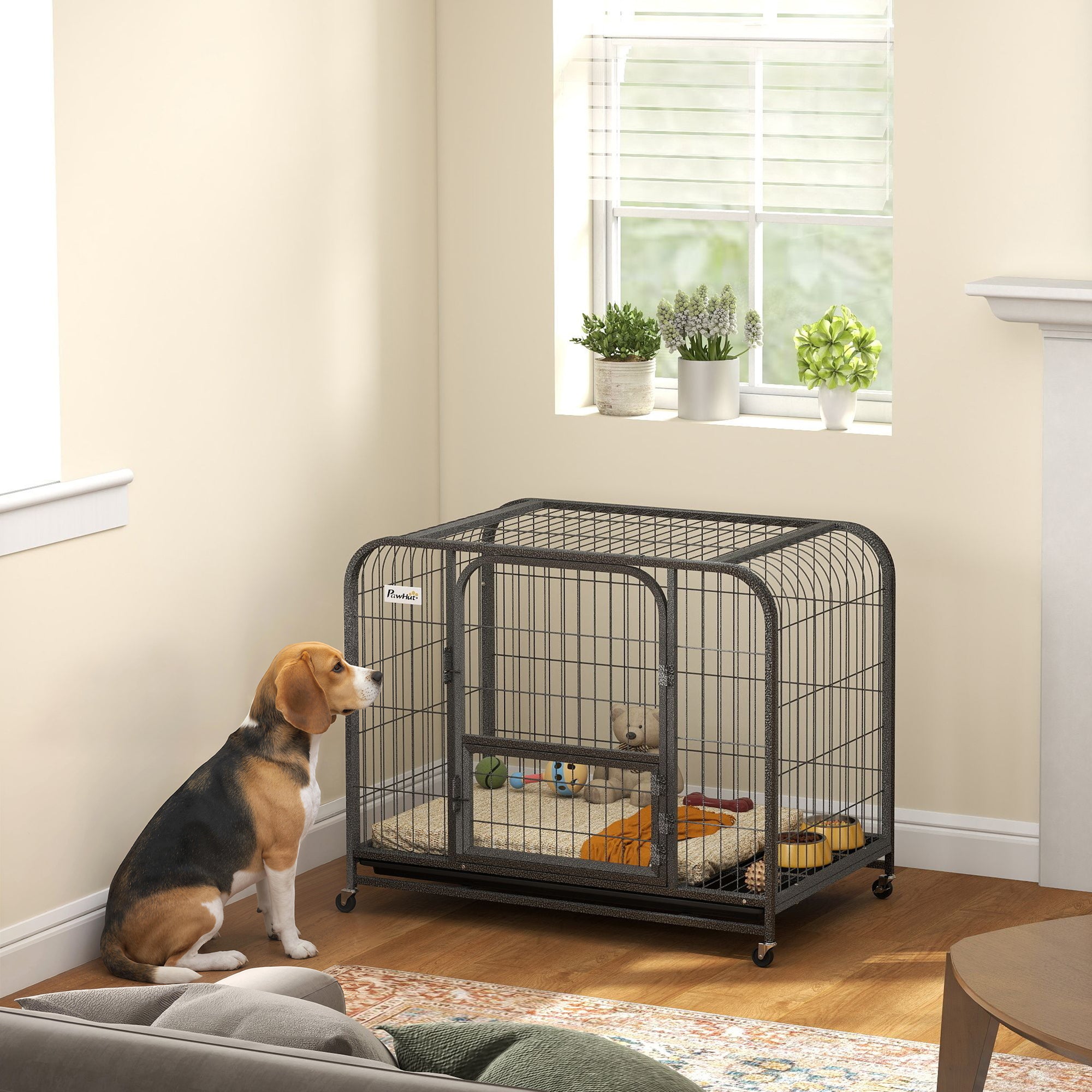 37 Inch Heavy Duty Dog Crate, Large Metal Dog Cage with Lockable Wheels and Removable Tray