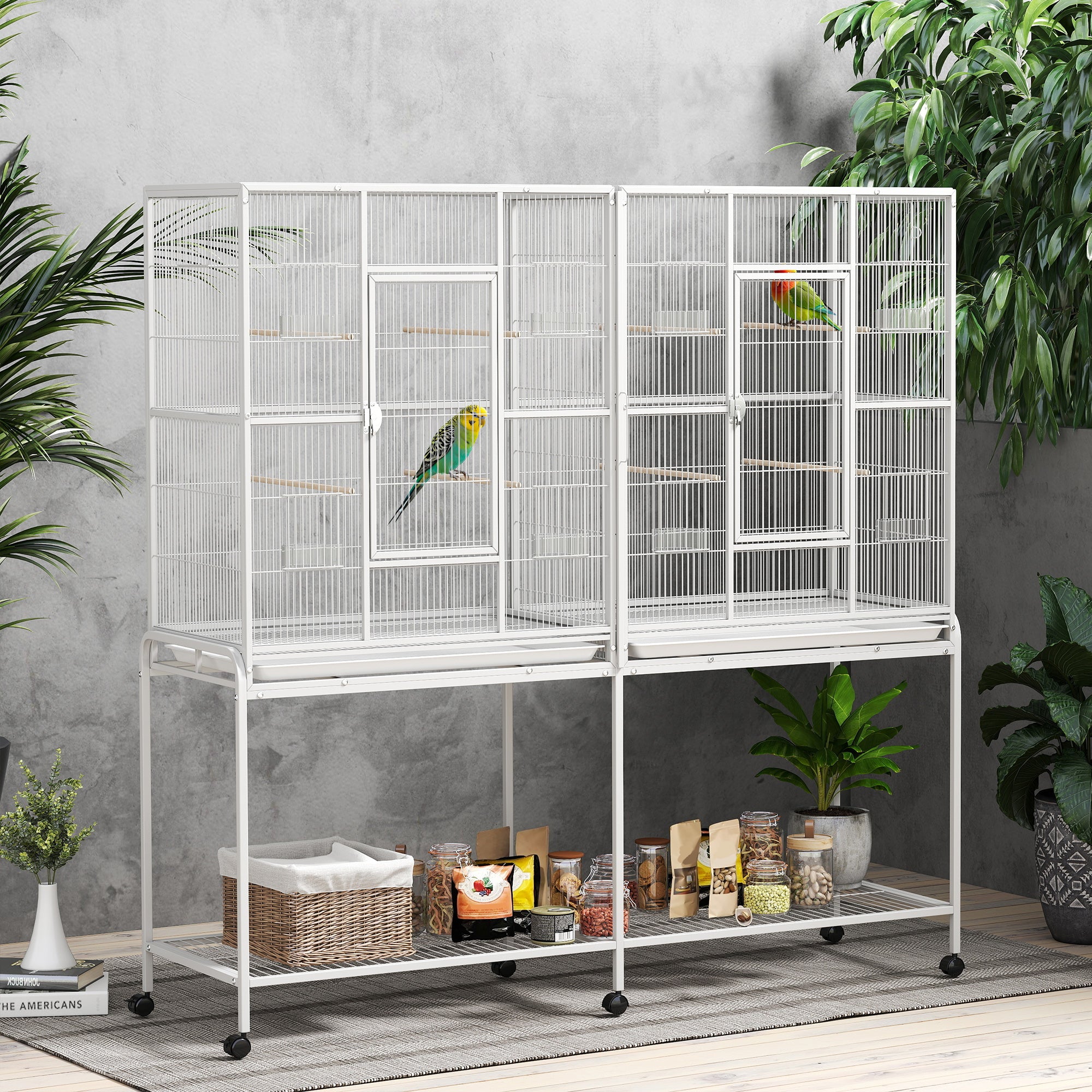 64" Large Rolling Bird Cage Bird House with Detachable Rolling Stand, Storage Shelf, Wood Perch Food Container, White