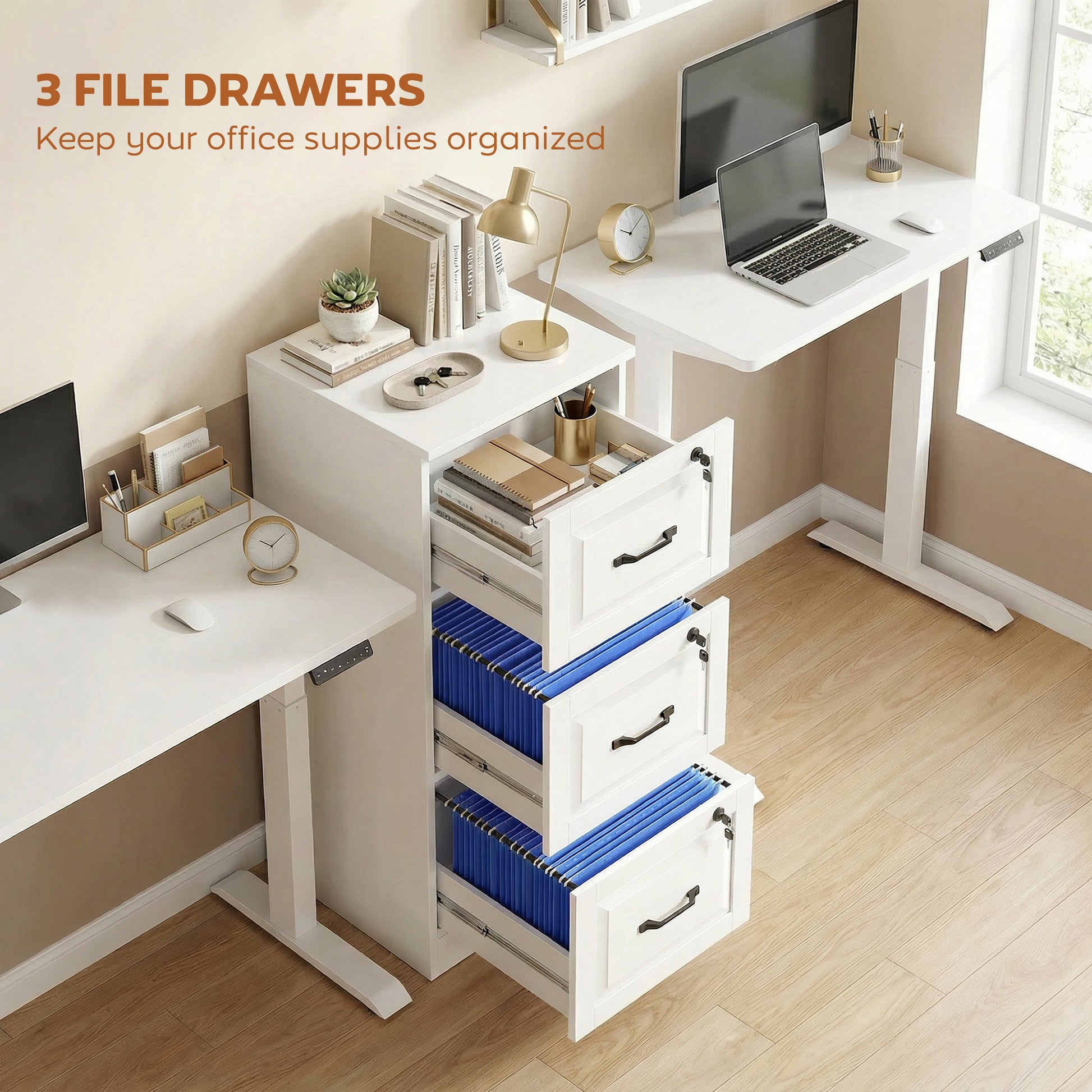 3 Drawer File Cabinet with Lock, Vertical Filing Cabinet with Adjustable Hanging Bars for A4 and Letter Size, White-Office Products > Office Furniture > Office Cabinets & Cupboards-DECOROLALA
