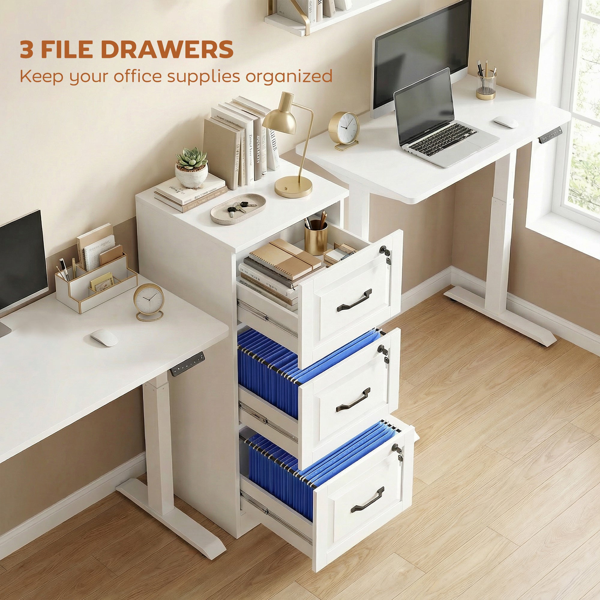 3 Drawer File Cabinet with Lock, Vertical Filing Cabinet with Adjustable Hanging Bars for A4 and Letter Size, White-Office Products > Office Furniture > Office Cabinets & Cupboards-DECOROLALA