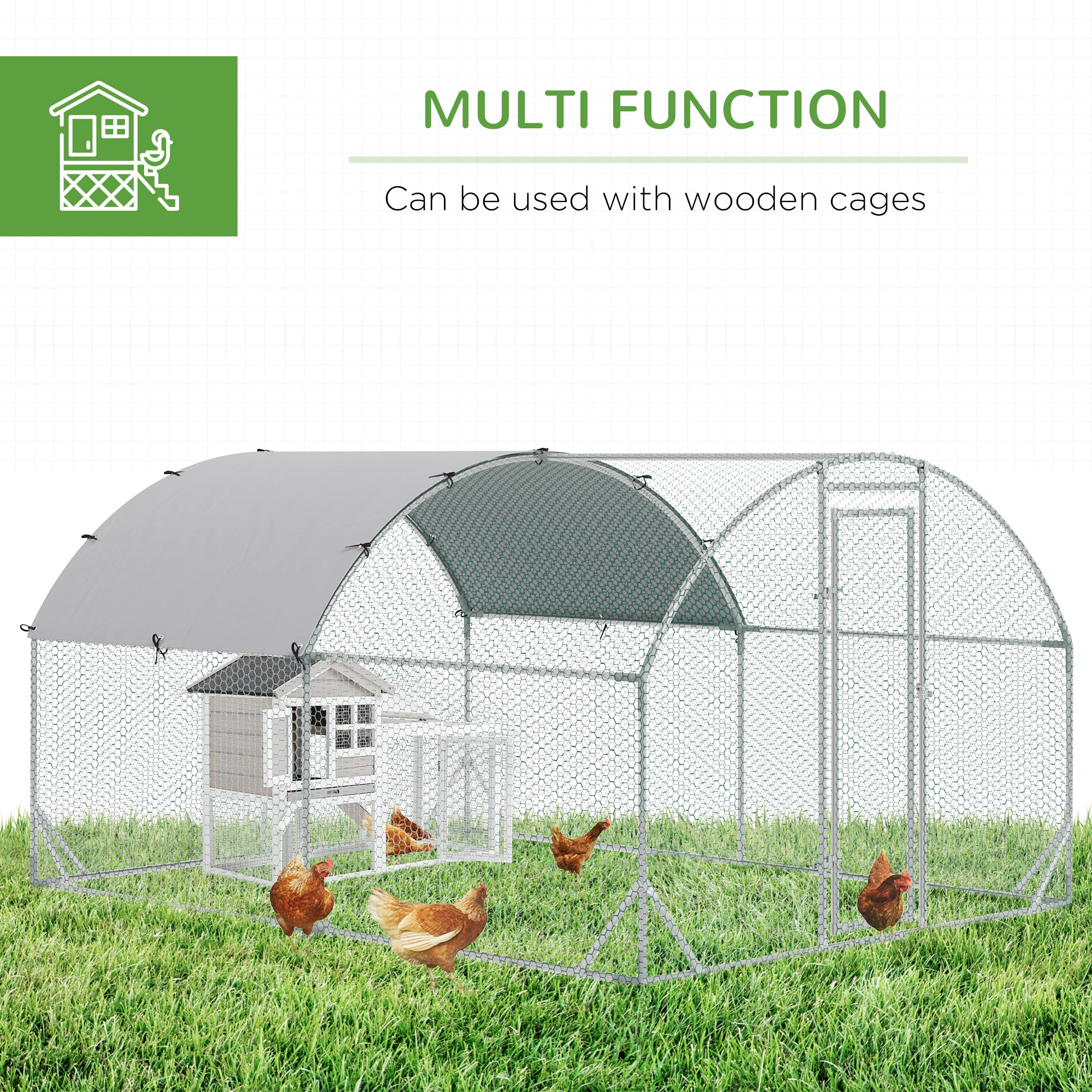 Grand poulailler en métal galvanisé avec cage, enclos accessible, parcours pour volailles, maison pour poules, parc de jeu et clapier avec couverture pour extérieur et jardin, 9.2' x 12.5' x 6.5', argenté