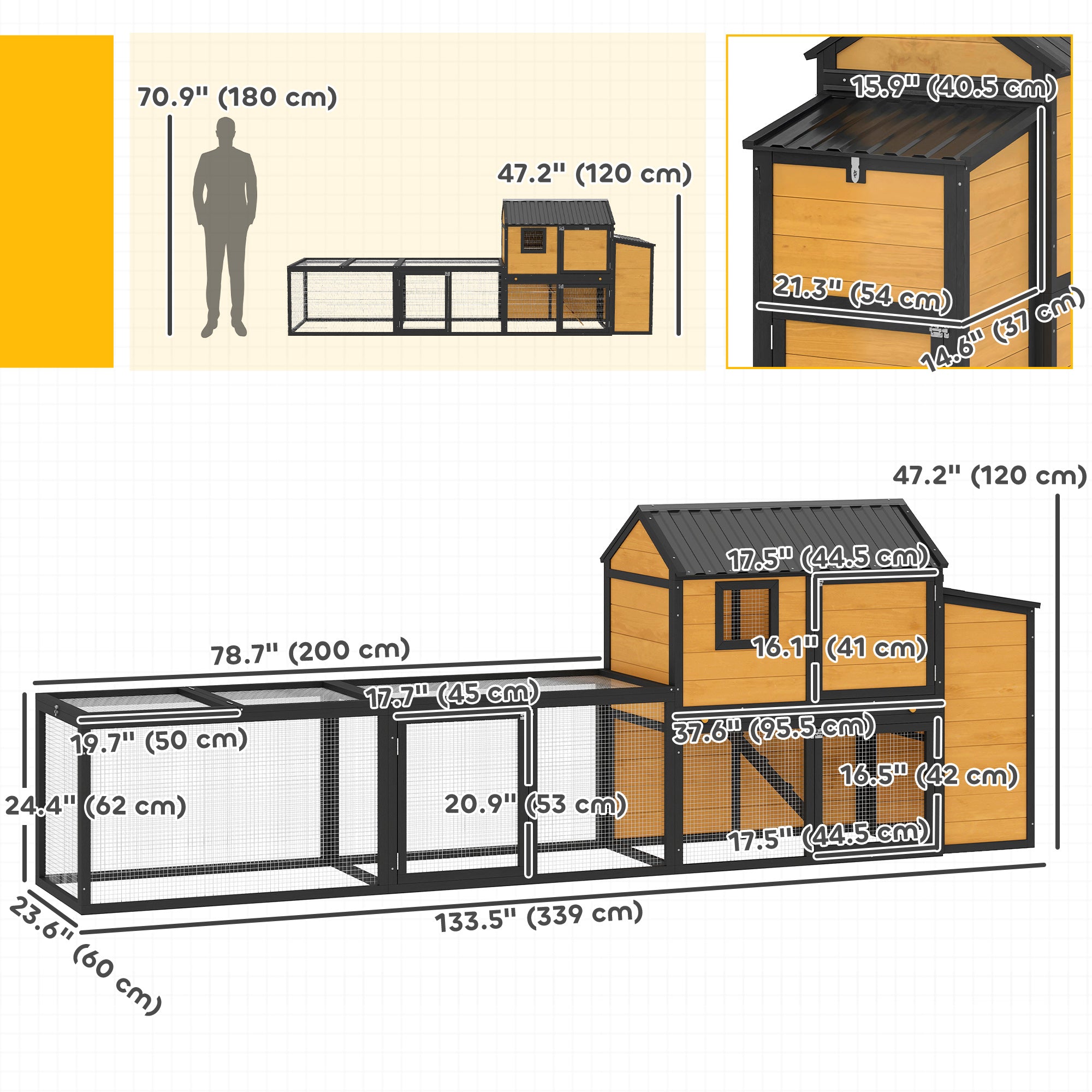 Large Chicken Coop, 134"L Wooden Chicken House with Run, Nesting Box, Slide-Out Tray, Waterproof Roof and Ramp