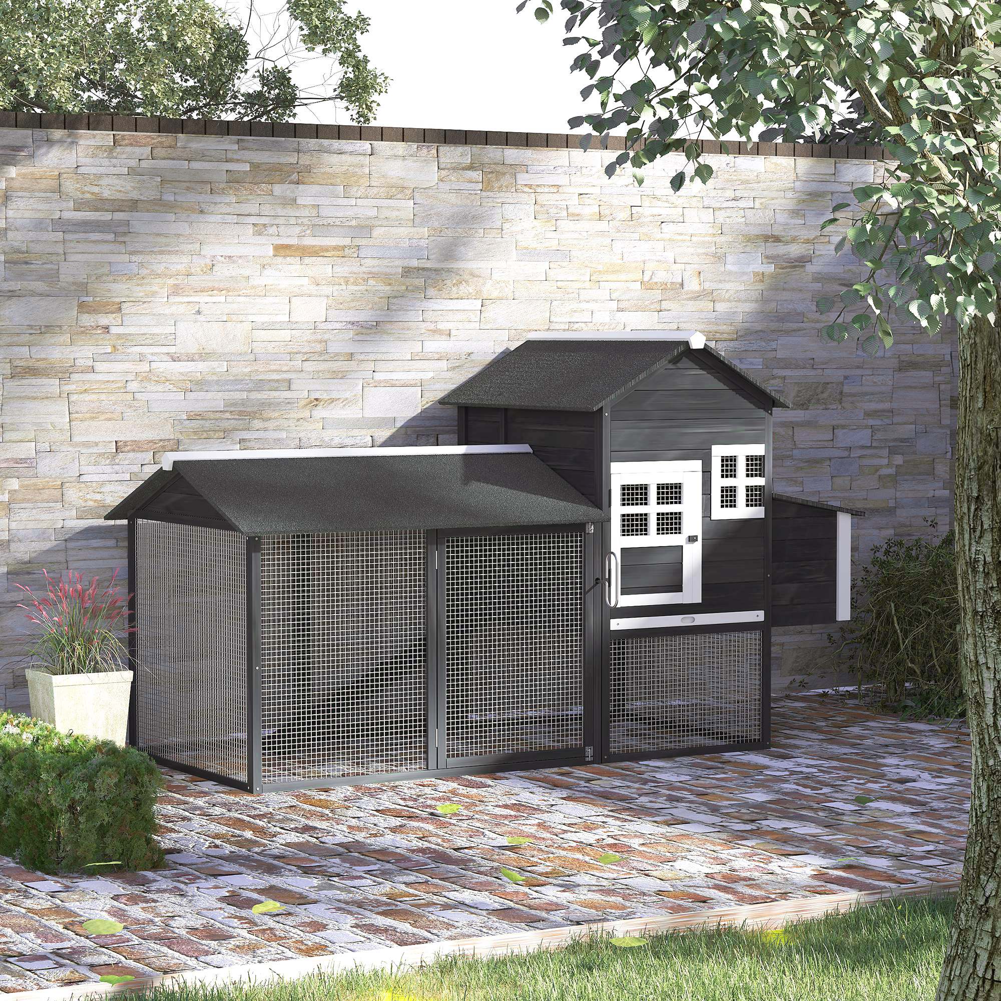 Poulailler en bois de 82 po avec nichoir et parcours, clapier pour lapins et cage pour volailles, pour l’extérieur et le jardin, gris