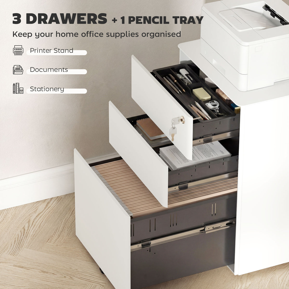 3-Drawer Steel Filing Cabinet with Lock and Wheels - White