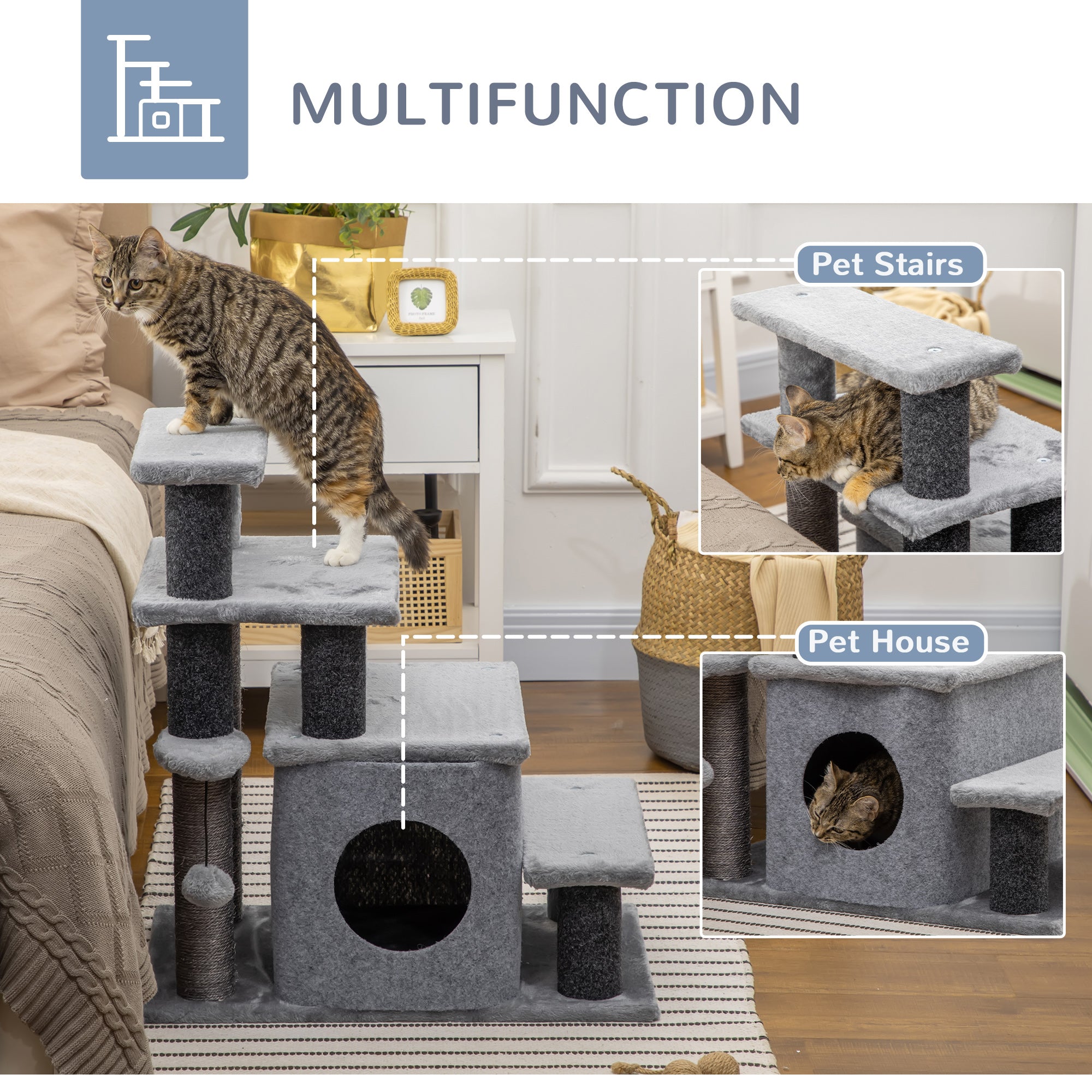 Cat Stairs Pet Steps for Couch Bed with Scratching Posts Condo Ball Toy, 23.6" x 15.7" x 26", Grey