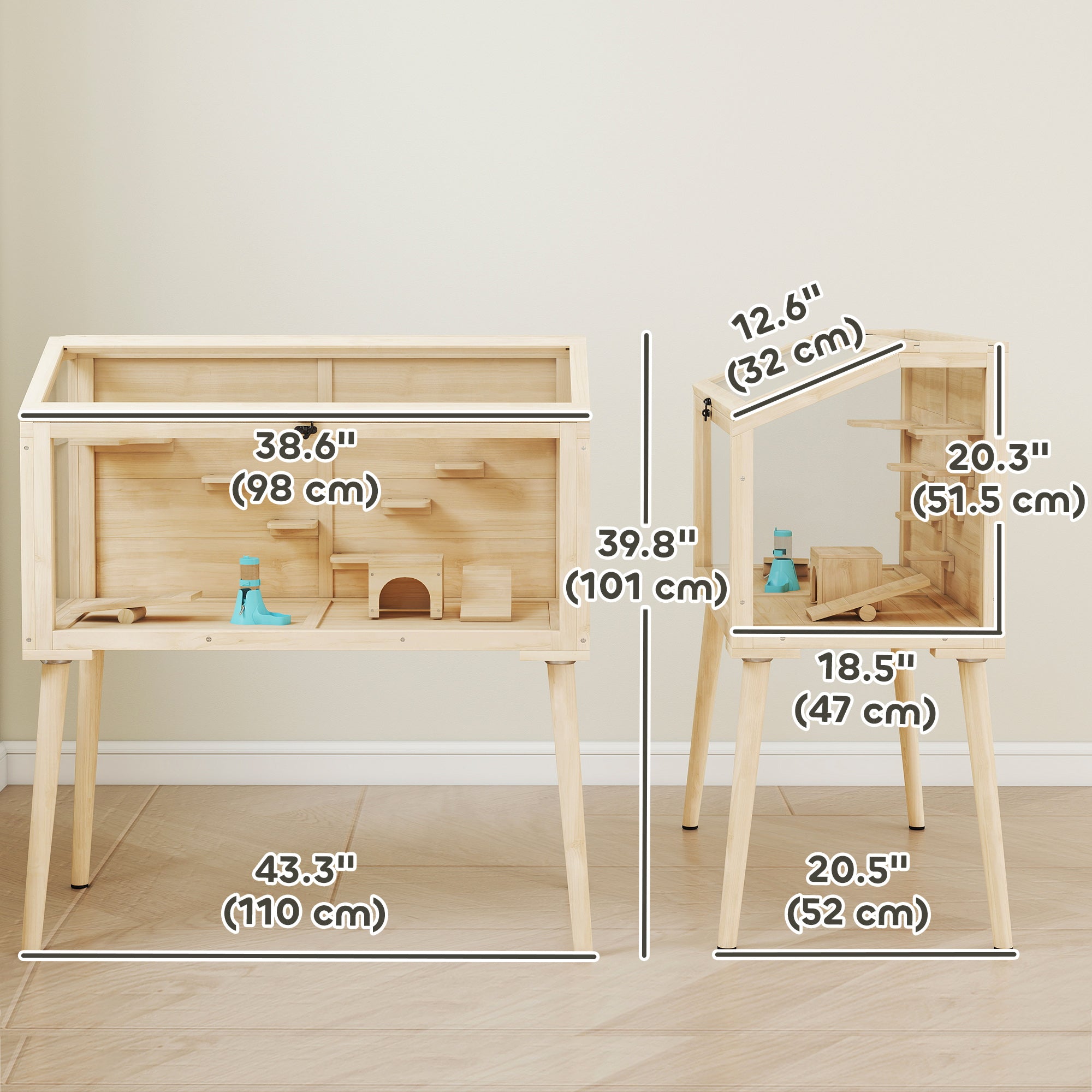 Wooden Hamster Cage, Hamster Habitat with Openable Top, Seesaws, Platforms, Water Bottle for Gerbils, 43.3"x20.5"x39.8"