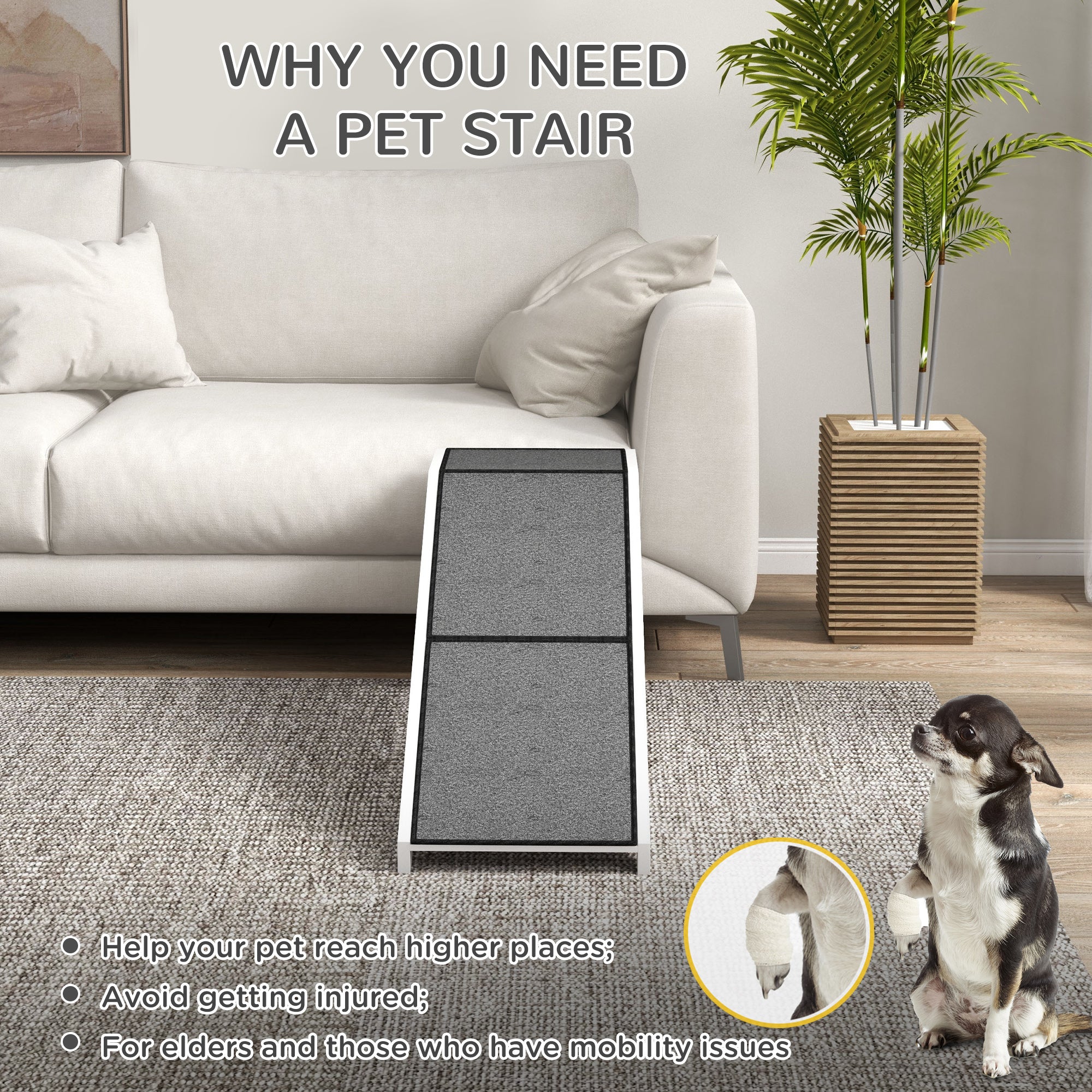 Rampe-lit avec marches pour chiens et chats, plateforme supérieure en moquette antidérapante, bois de pin, 59"L x 16"W x 20"H, blanc
