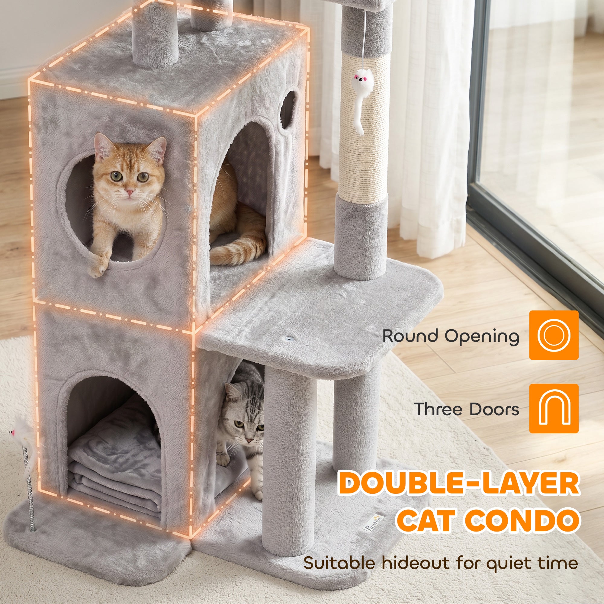 52" Cat Tree, Multi-Level Large Cat Tower House with 2-Tier Condo, Bed, Sisal Scratching Posts, Light Grey