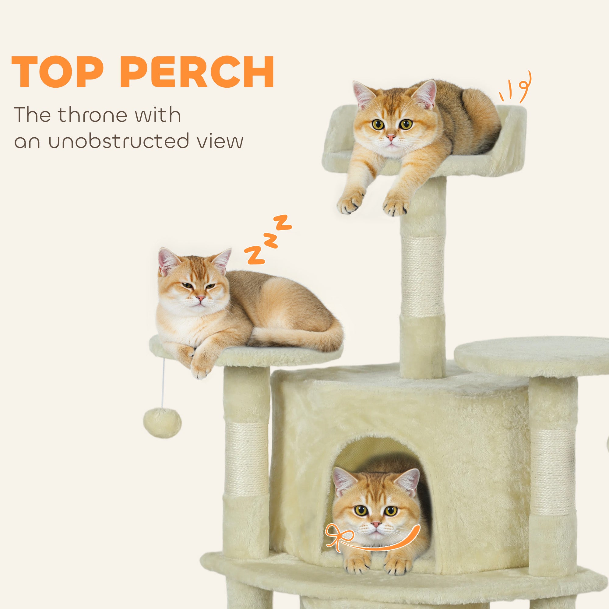 62" Cat Tree with Scratching Post, 2 Condos, Hammock, Perches, Plush, Pompoms, for Indoor Cats, Beige