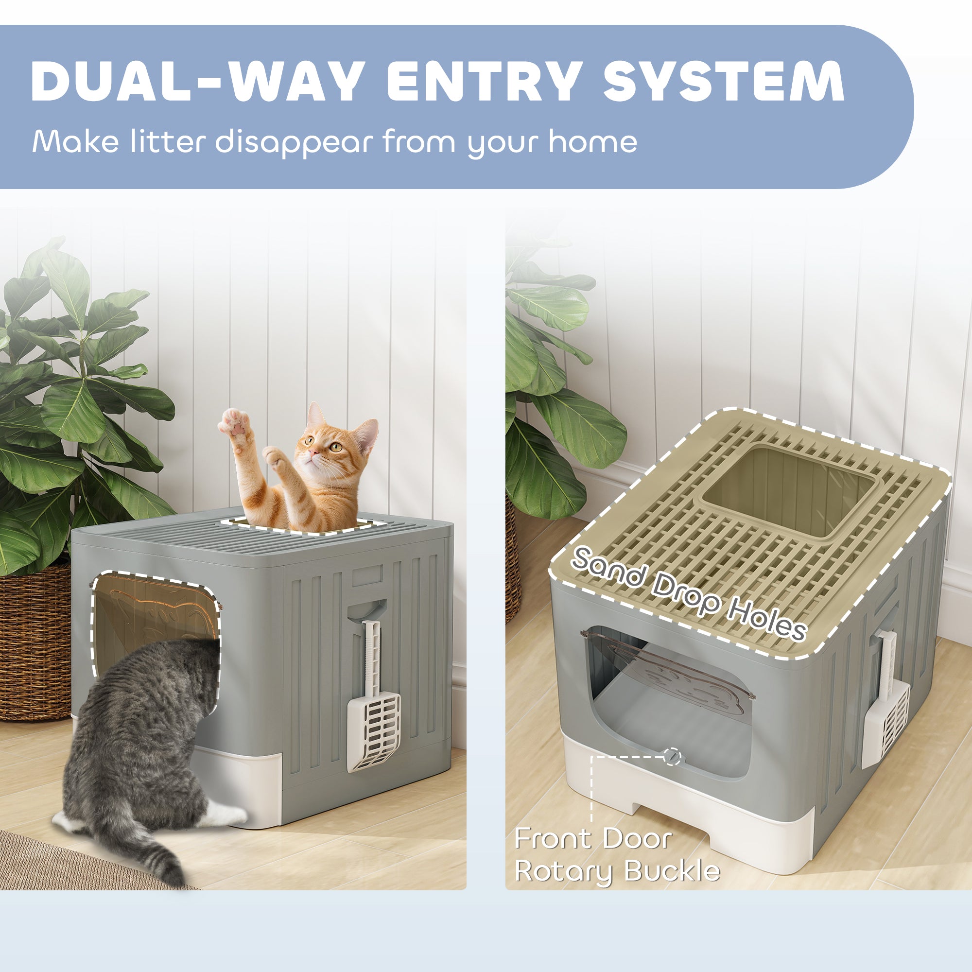 Cat Litter Box with Lid, Slide-Out Drawer, Scoop, Easy Clean, Odour Control, Anti-Splashing, Grey