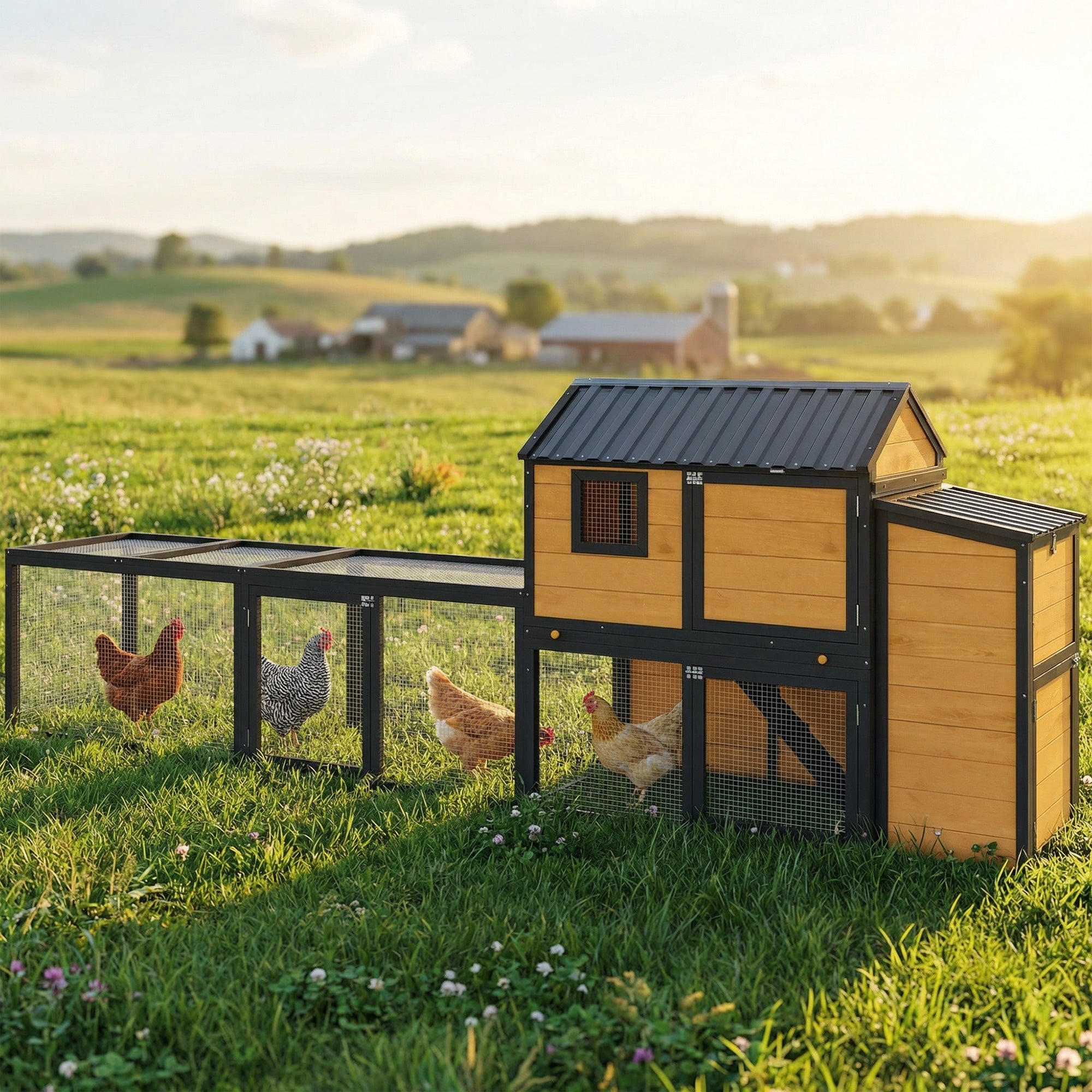 Large Chicken Coop, 134"L Wooden Chicken House with Run, Nesting Box, Slide-Out Tray, Waterproof Roof and Ramp