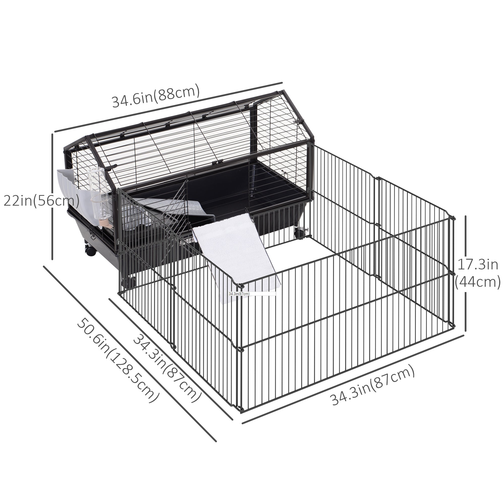 Guinea Pig Cage with Foldable Detachable Playpen, Rolling Rabbit Chinchilla Hedgehog Bunny Cage Small Animal Habitat with Water Bottle, Hay Feeder, 34.5" x 50.5" x 22"