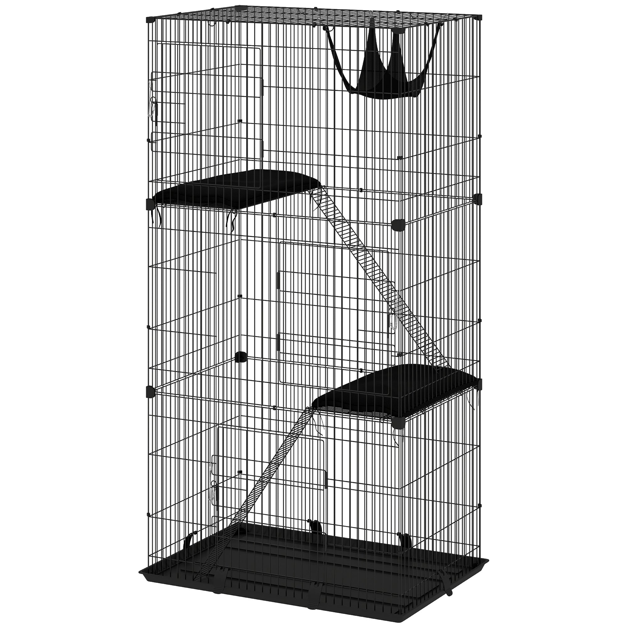 Cage à trois niveaux pour chats d’intérieur, en métal démontable, avec hamac, plateforme, bac et coussin, pour 1 à 2 chatons