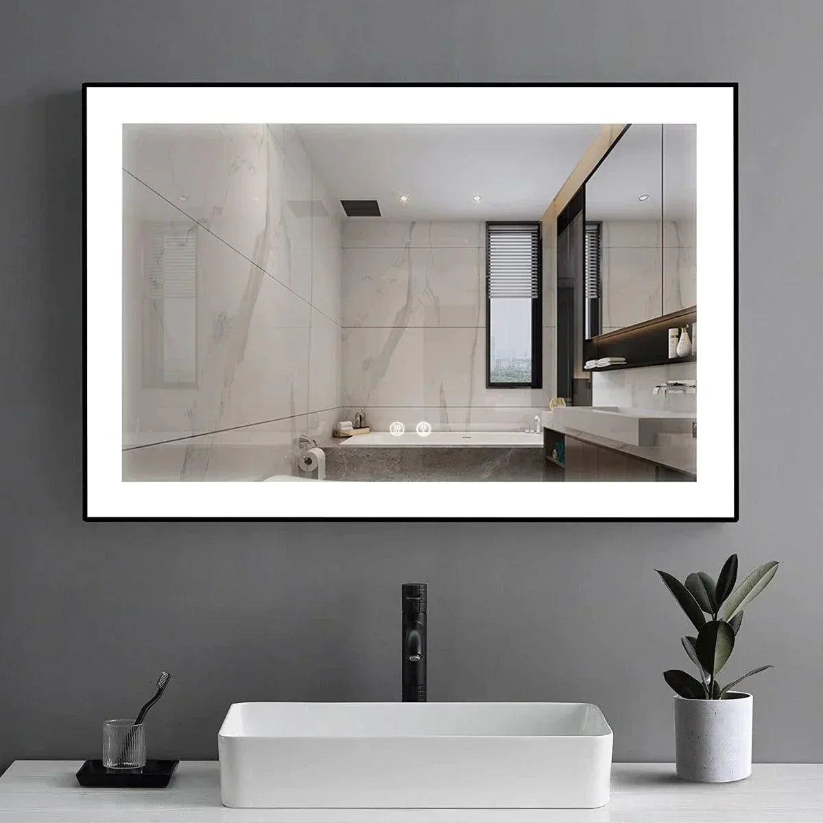 42" x 29.5" LED Bathroom Mirror with Matte Black Aluminum Frame - Hardwired Anti-Fog Smart Mirror with Frosted Edge Glow, Dimming Control & 6000K Backlit Lighting