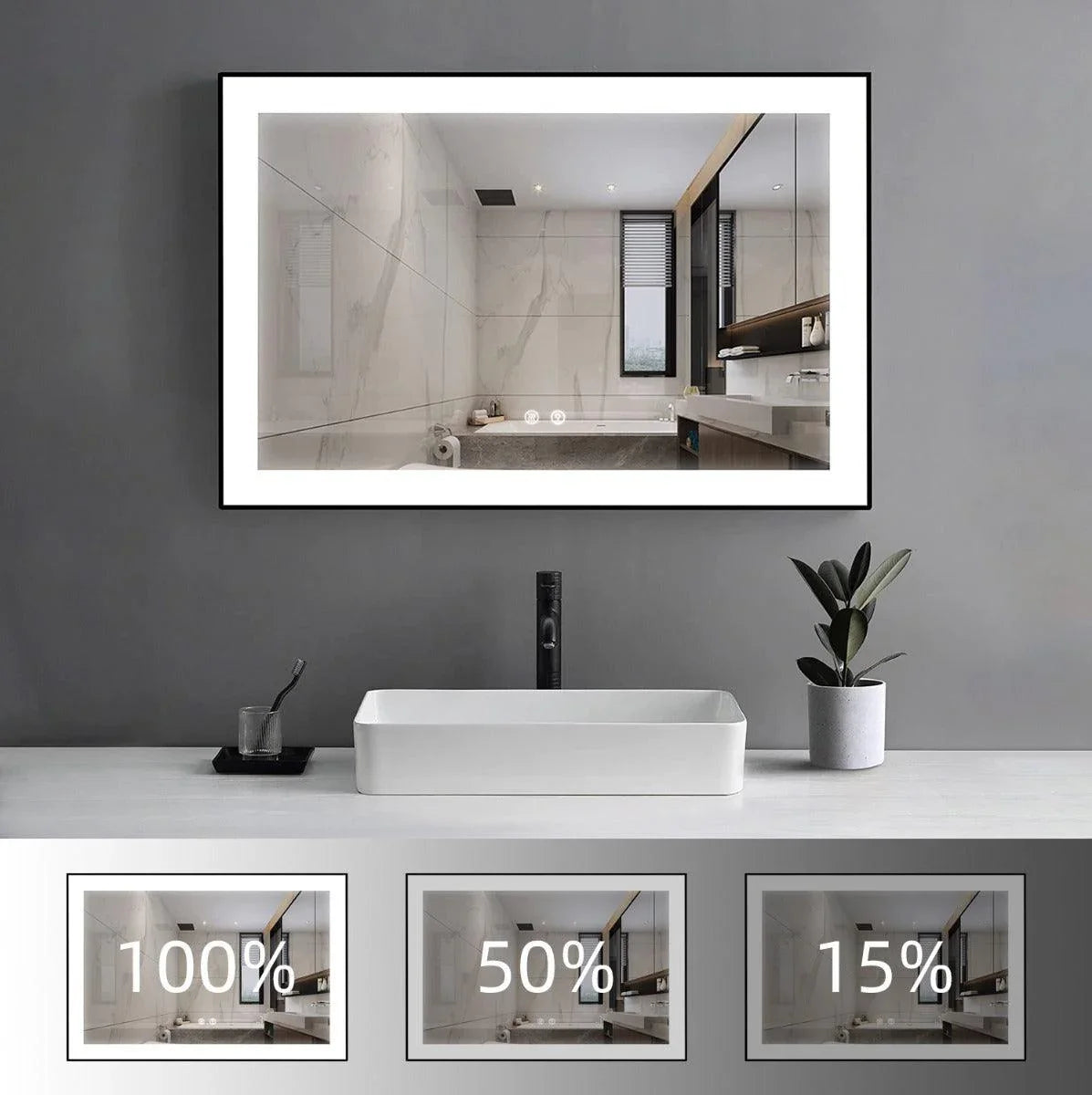 60" x 28" LED Bathroom Mirror with Matte Black Aluminum Frame - Hardwired Anti-Fog Smart Mirror with Frosted Edge Glow, Dimming Control & 6000K Backlit Lighting