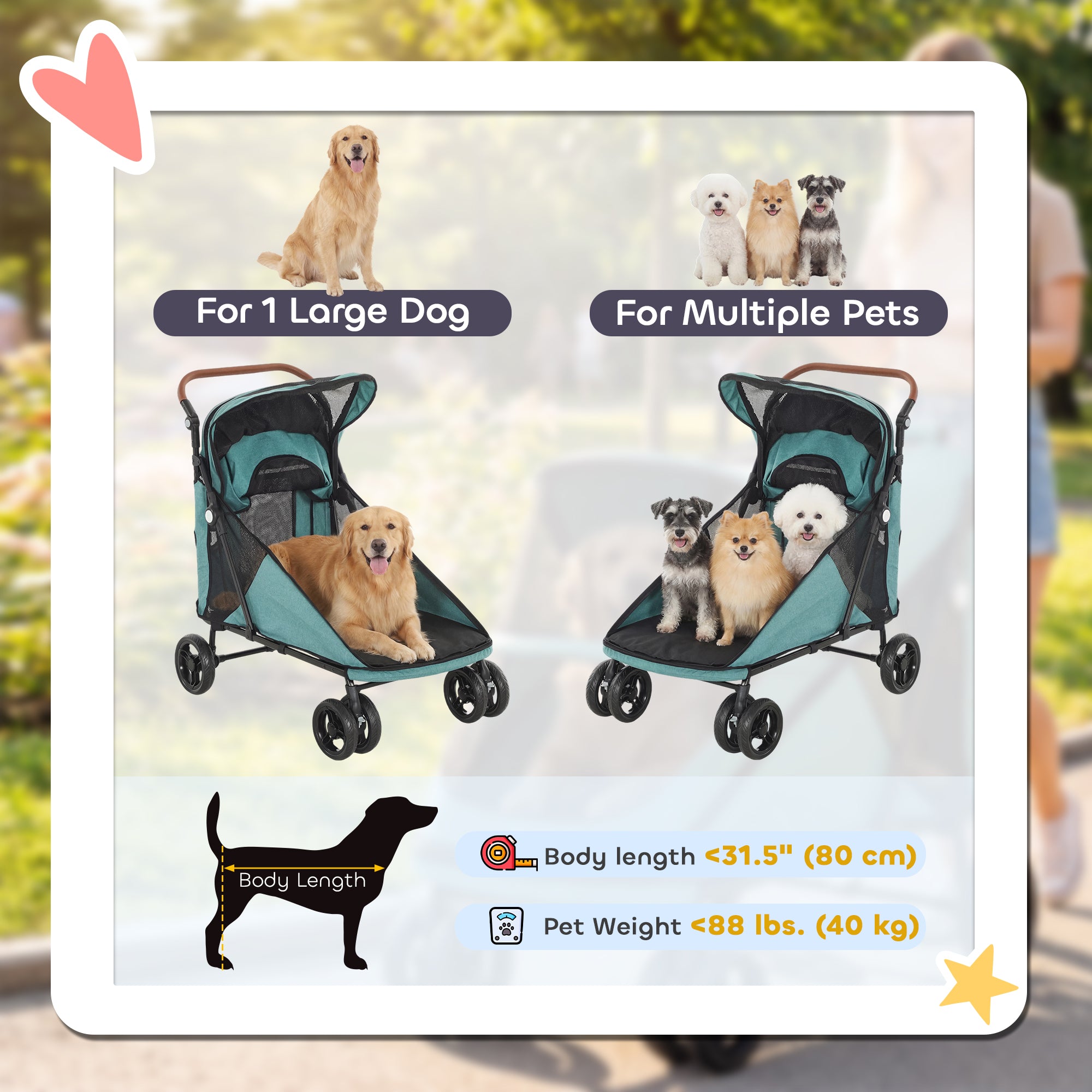 Dog Stroller Easy Fold Pet Stroller for Large Dogs Up to 66lbs with 4-Wheel Shock Absorption & One-Foot Brake Turquoise