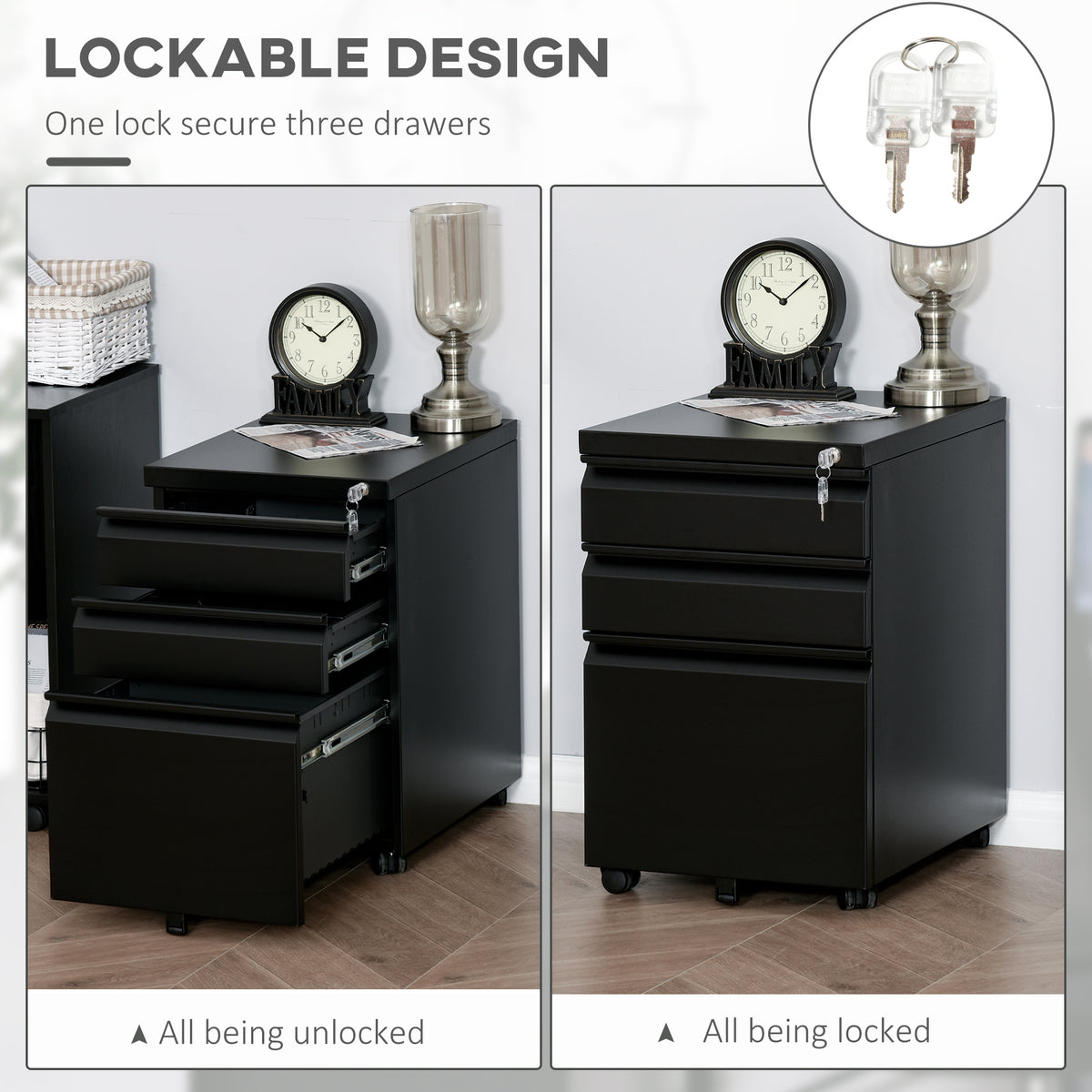 3-Drawer Lockable Steel Filing Cabinet on Wheels - Black