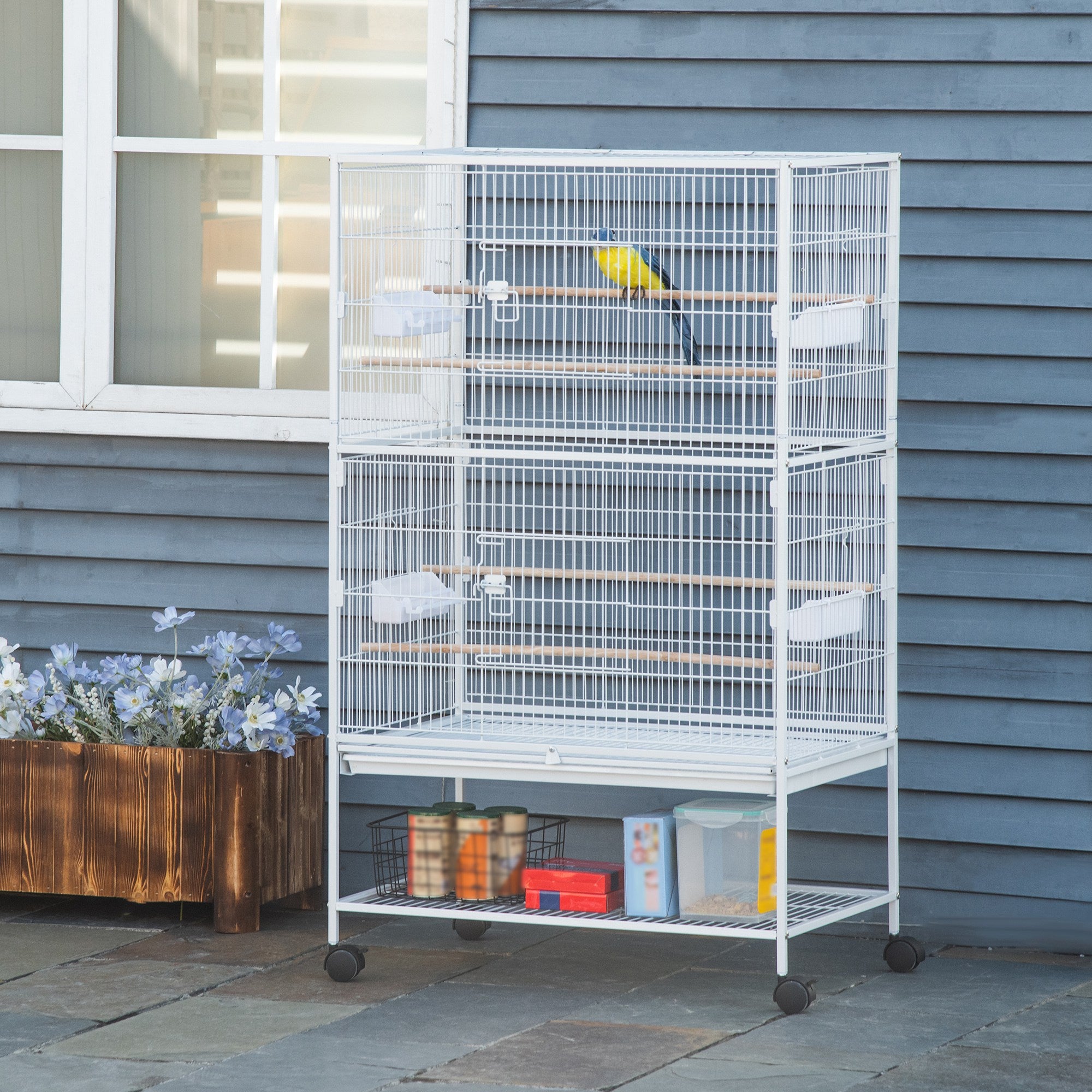 52'' Large Rolling Steel Bird Cage Bird House with Rolling Stand, Storage Shelf, Wood Perch, Food Container, White