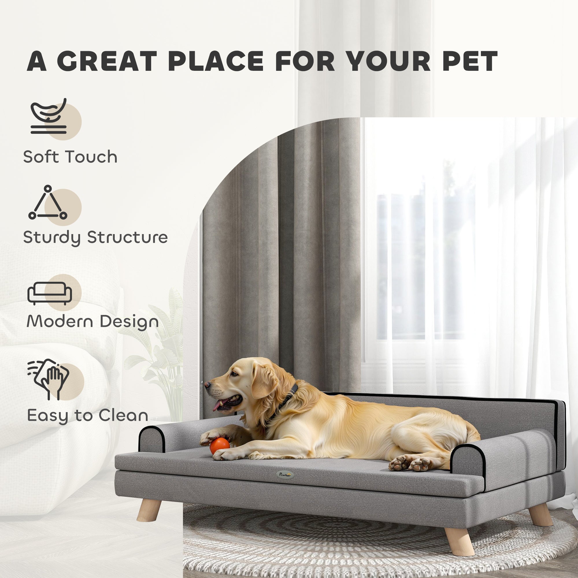 Elevated Dog Sofa Bed, Cat Couch with Cushion, Washable Cover, Wooden Legs, for Medium & Large Dogs, Light Grey