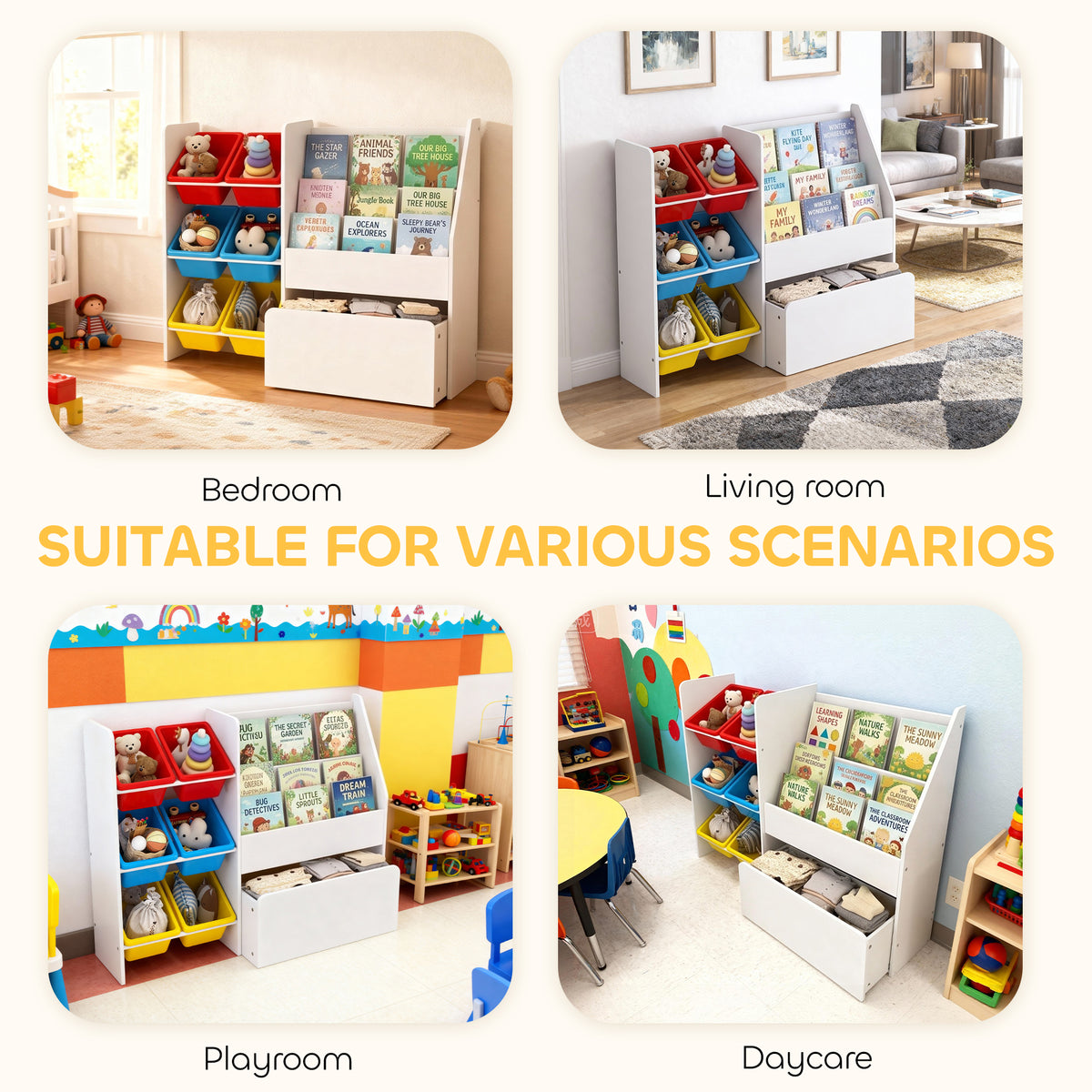 Kids Bookshelf and Toy Storage, 3-Tier Bookcase with 6 Removable Bins and Box for Toddler Nursery Playroom, Multi