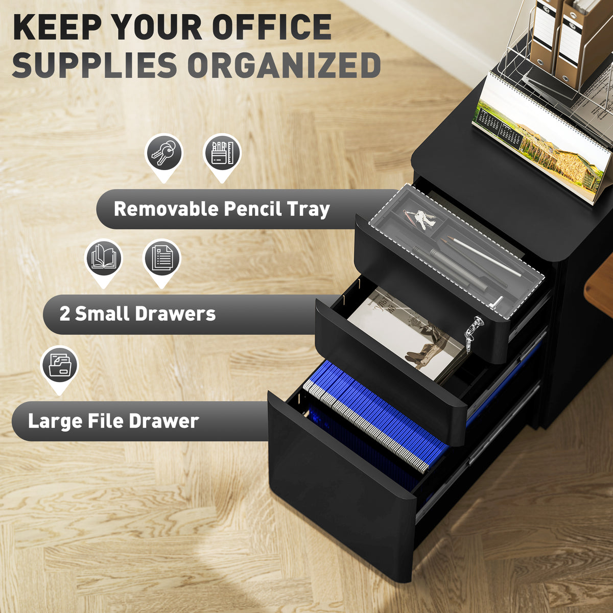 3-Drawer Locking Steel Filing Cabinet - Black 23" H