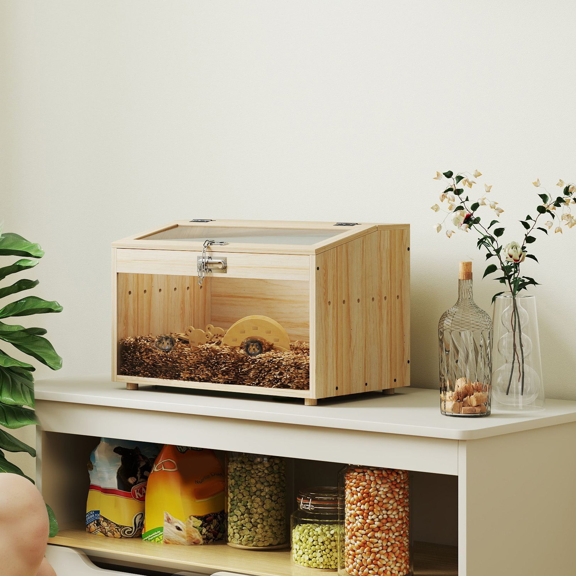 22"L Hamster Cage with Openable Top & Acrylic Windows, Small Animal Cage with Hut, Seesaw, Ladder, Natural Wood