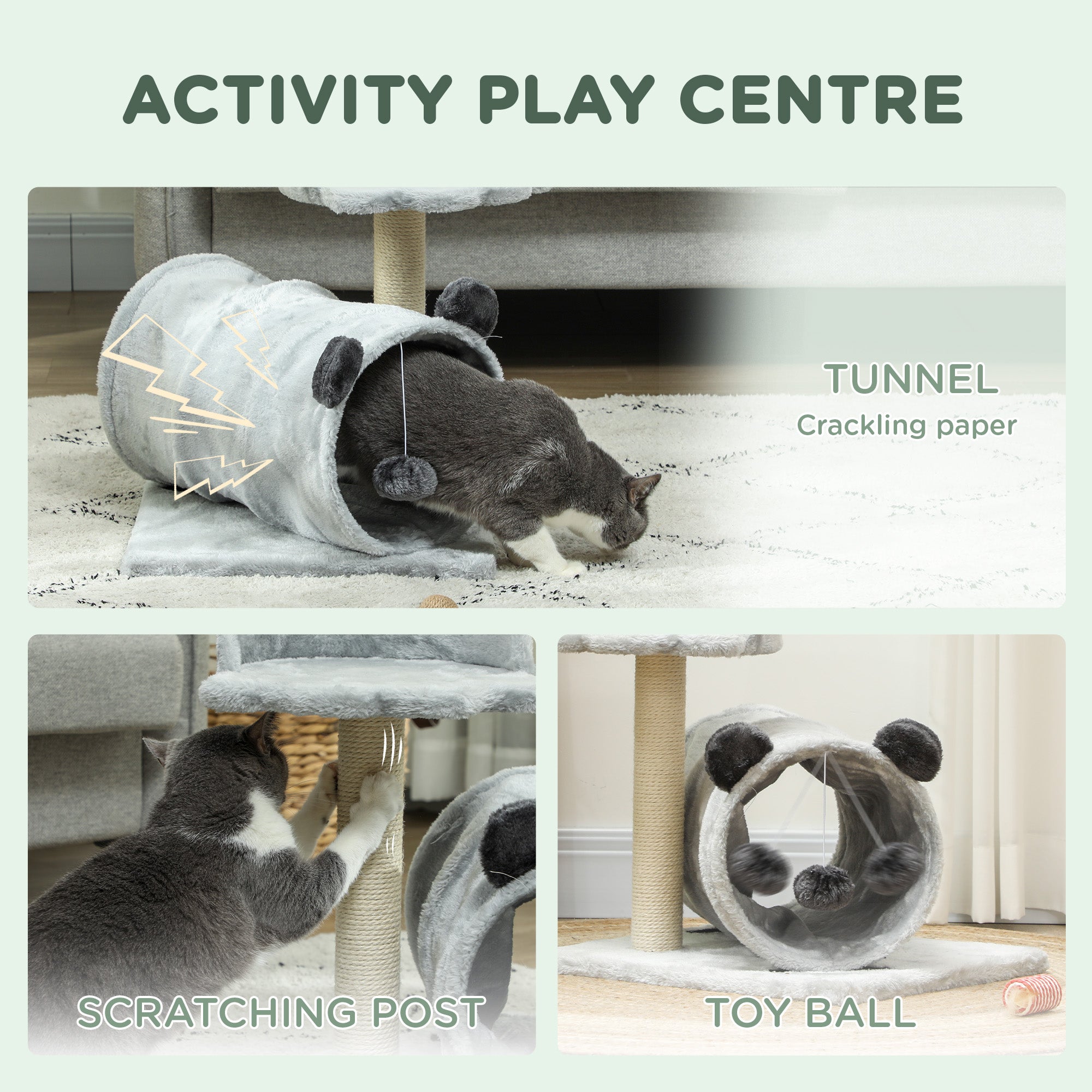 18.5" Small Cat Tree, Compact Cat Tower with Tunnel, Scratching Post, Plush Bed, Dangling Ball, for Indoor Use, Grey