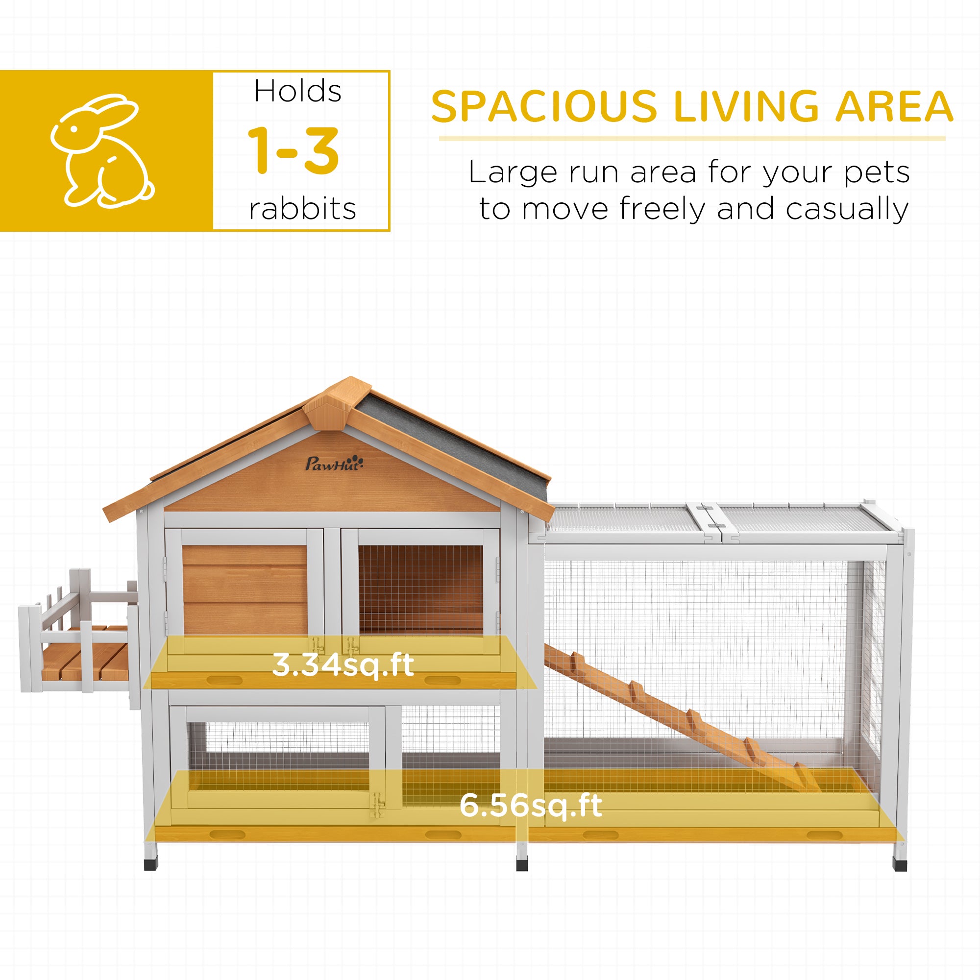 65" Wooden Rabbit Hutch, Pet Playpen with Openable Roof, Storage Box, for Rabbits and Small Animals, Yellow