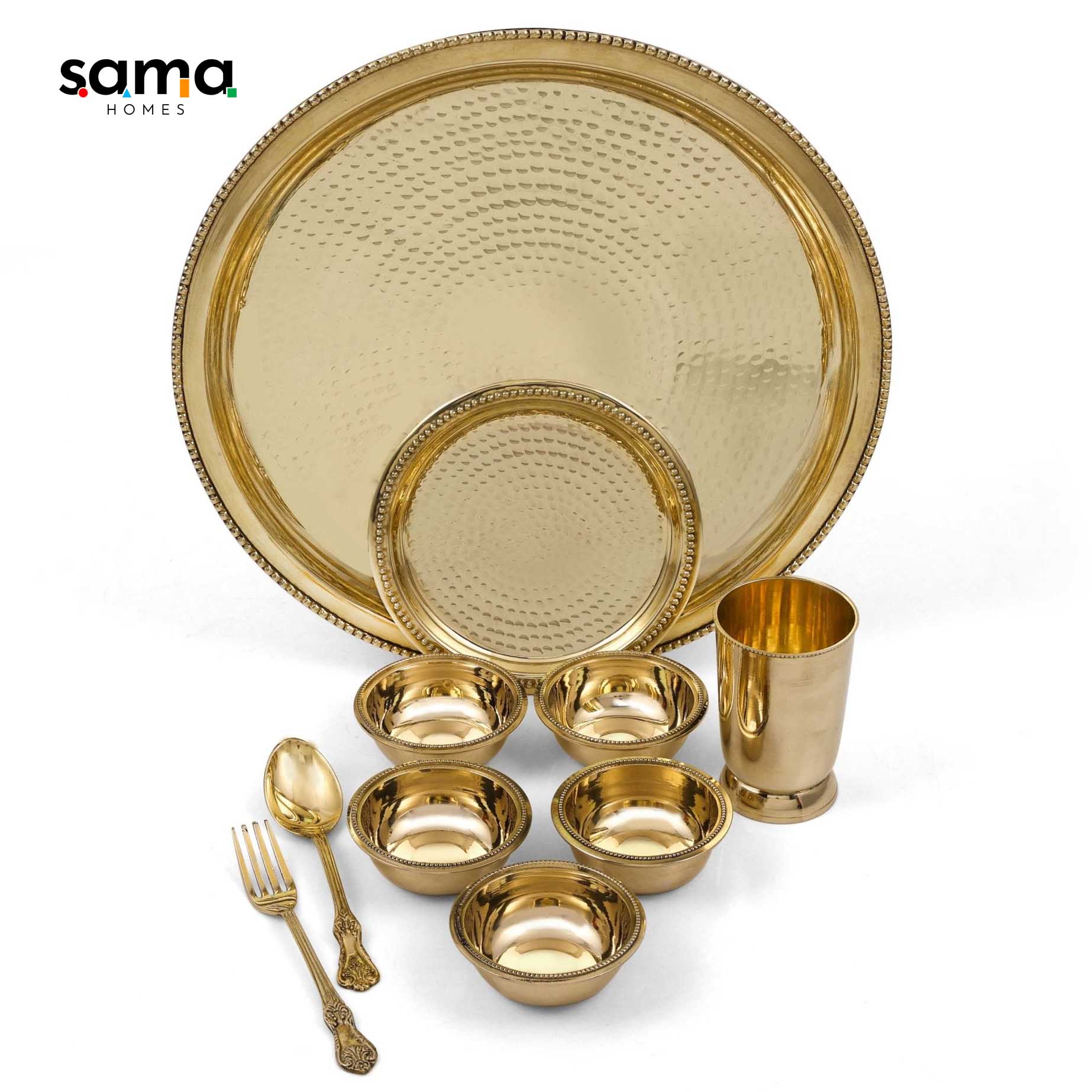 Handcrafted Brass Hammered Dinner Set for 5 | Rustic Farmhouse Tableware | Unique Copper Dinnerware | 10-Piece Set-2