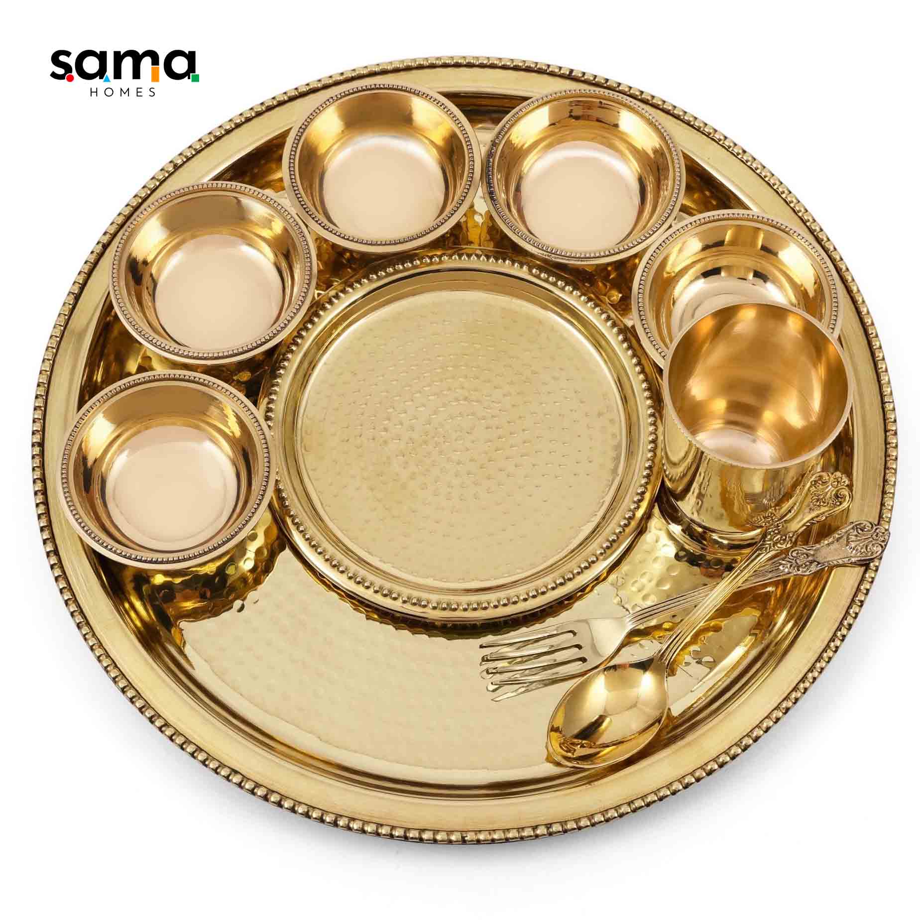 Handcrafted Brass Hammered Dinner Set for 5 | Rustic Farmhouse Tableware | Unique Copper Dinnerware | 10-Piece Set-1
