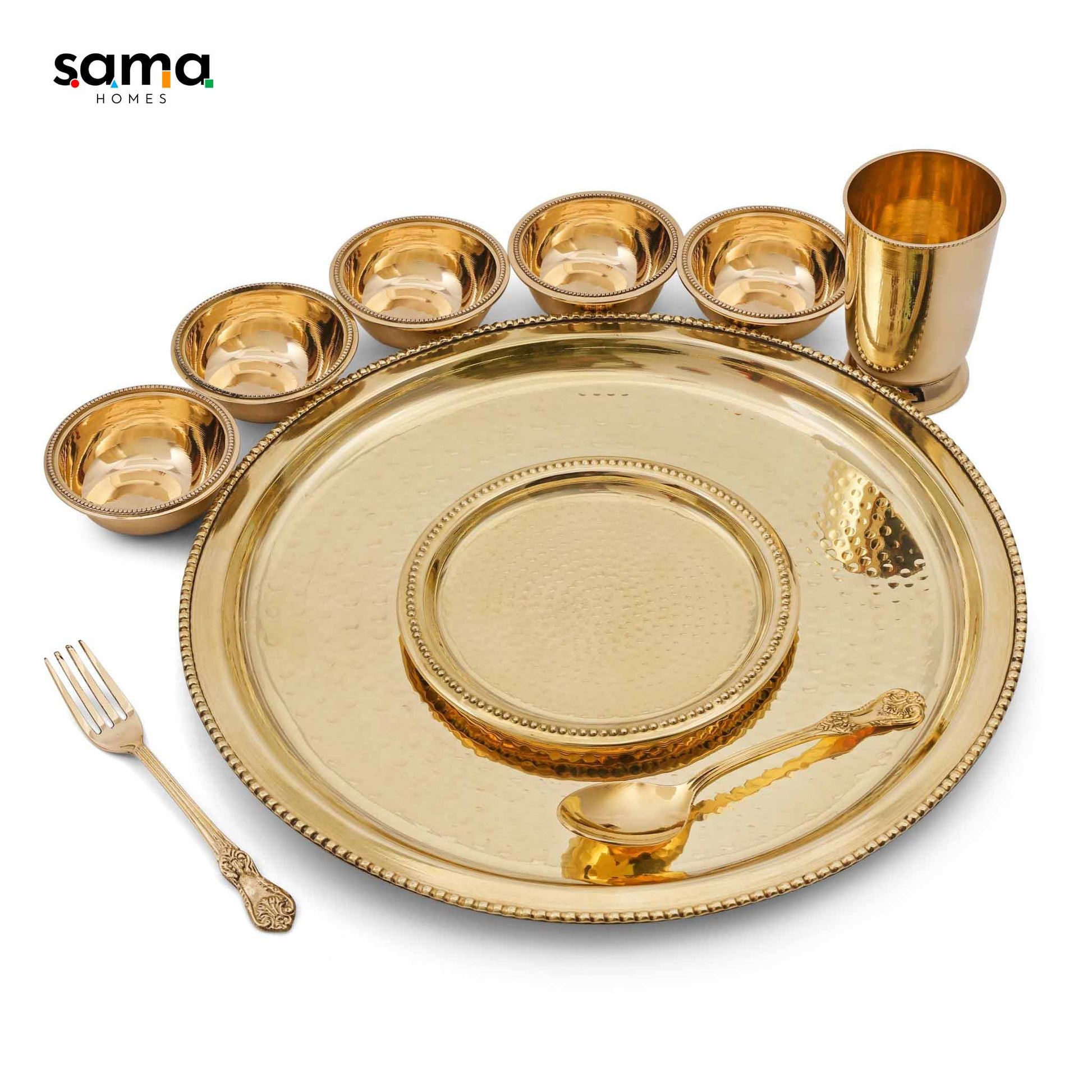 Handcrafted Brass Hammered Dinner Set for 5 | Rustic Farmhouse Tableware | Unique Copper Dinnerware | 10-Piece Set-3