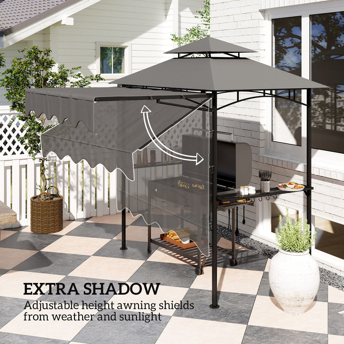 8' x 7.6' Grill Gazebo with Side Awning - Dark Grey