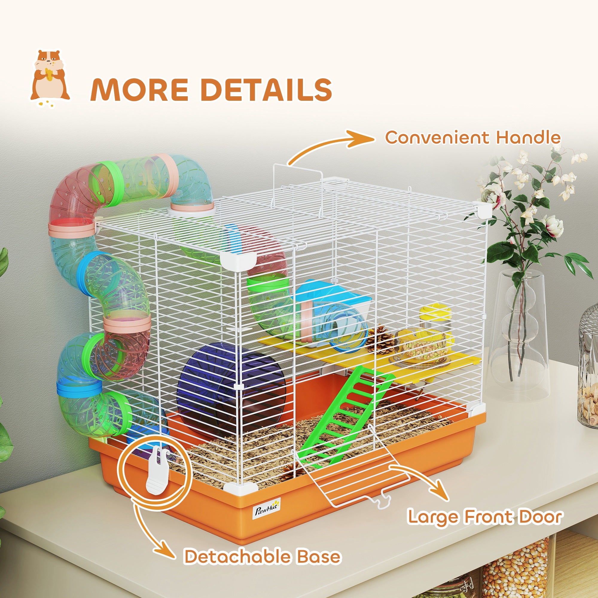 18"L Hamster Cage, Small Animal House, 2-Level Rat Gerbil Haven with Tunnel Tube System, Orange