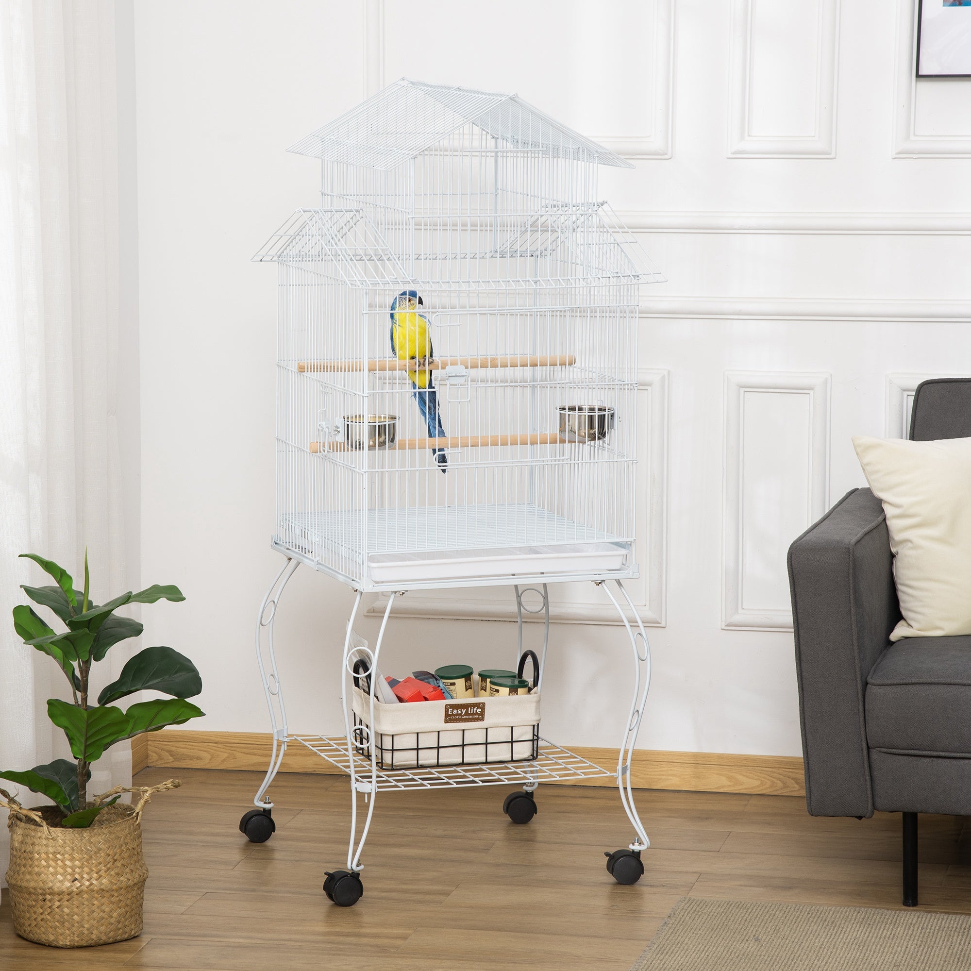 Grande cage à oiseaux roulante en acier de 53.9'', avec maison pour oiseaux, support roulant détachable, étagère de rangement, perchoir en bois, récipient à nourriture, blanche
