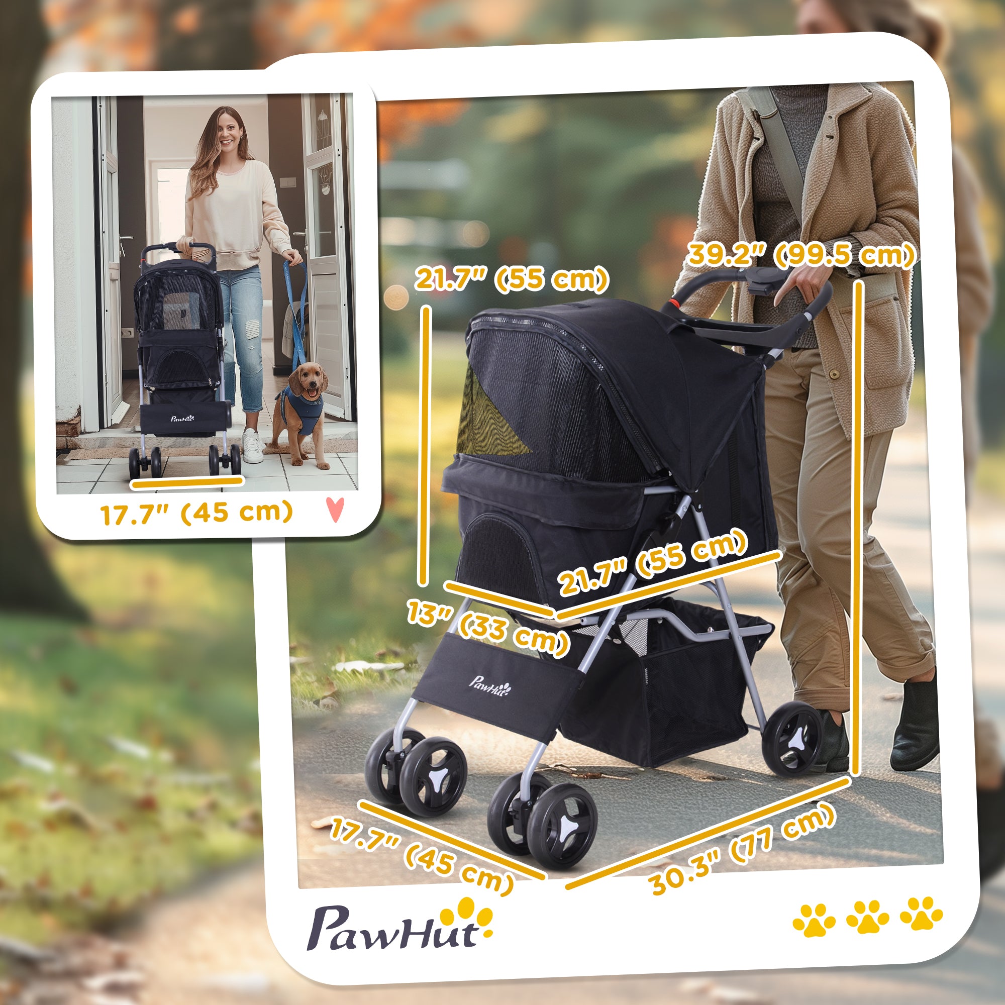 Cat Dog Stroller, One-click Foldable Pet Stroller w/Cup Holder, 4 Wheels Travel Carrier w/Brakes, 360° Swiveling Front Wheels, Storage Basket, for XS/Small Dogs Cats, Black