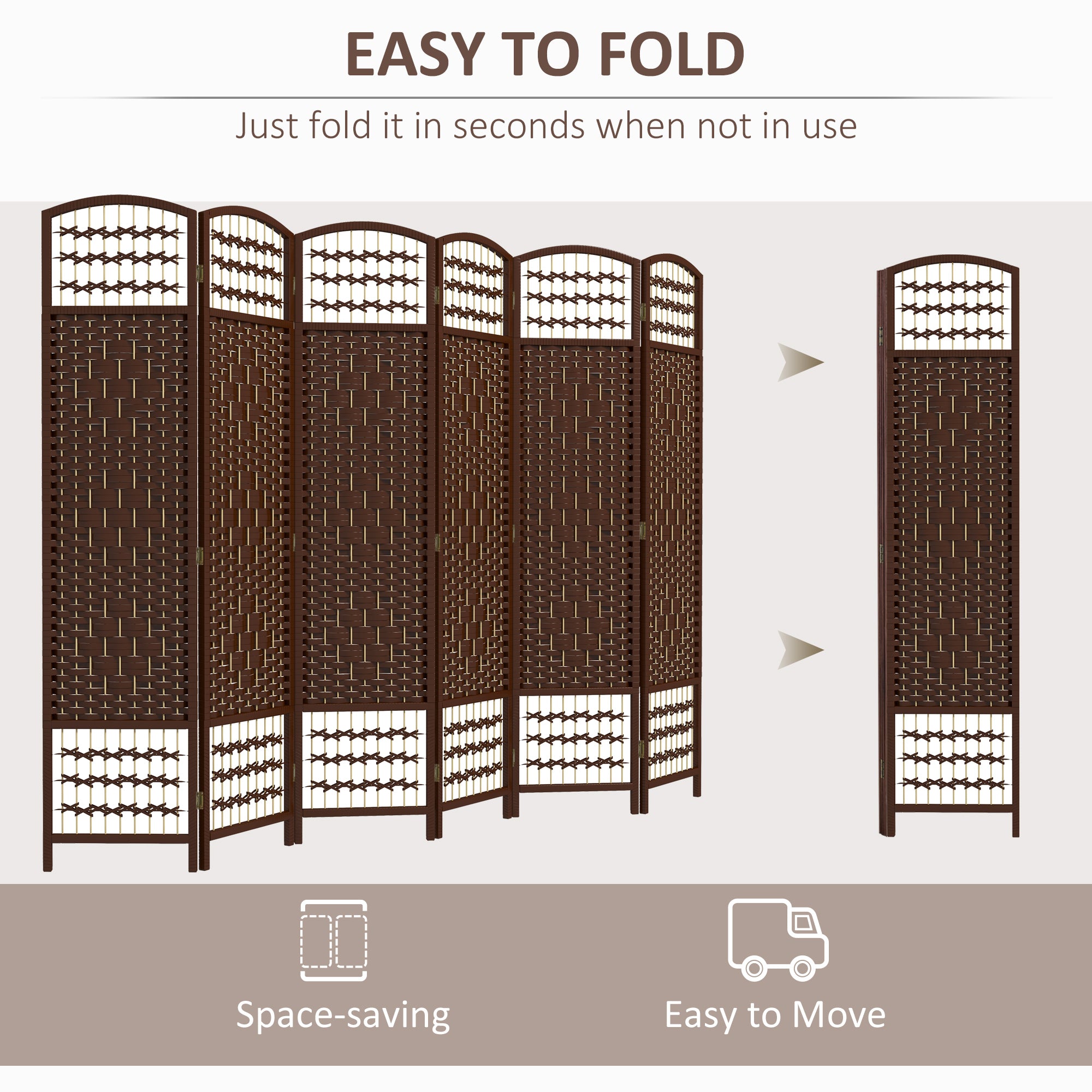6 Panel Folding Room Divider, Portable Privacy Screen, Wave Fiber Room Partition for Home Office, Brown