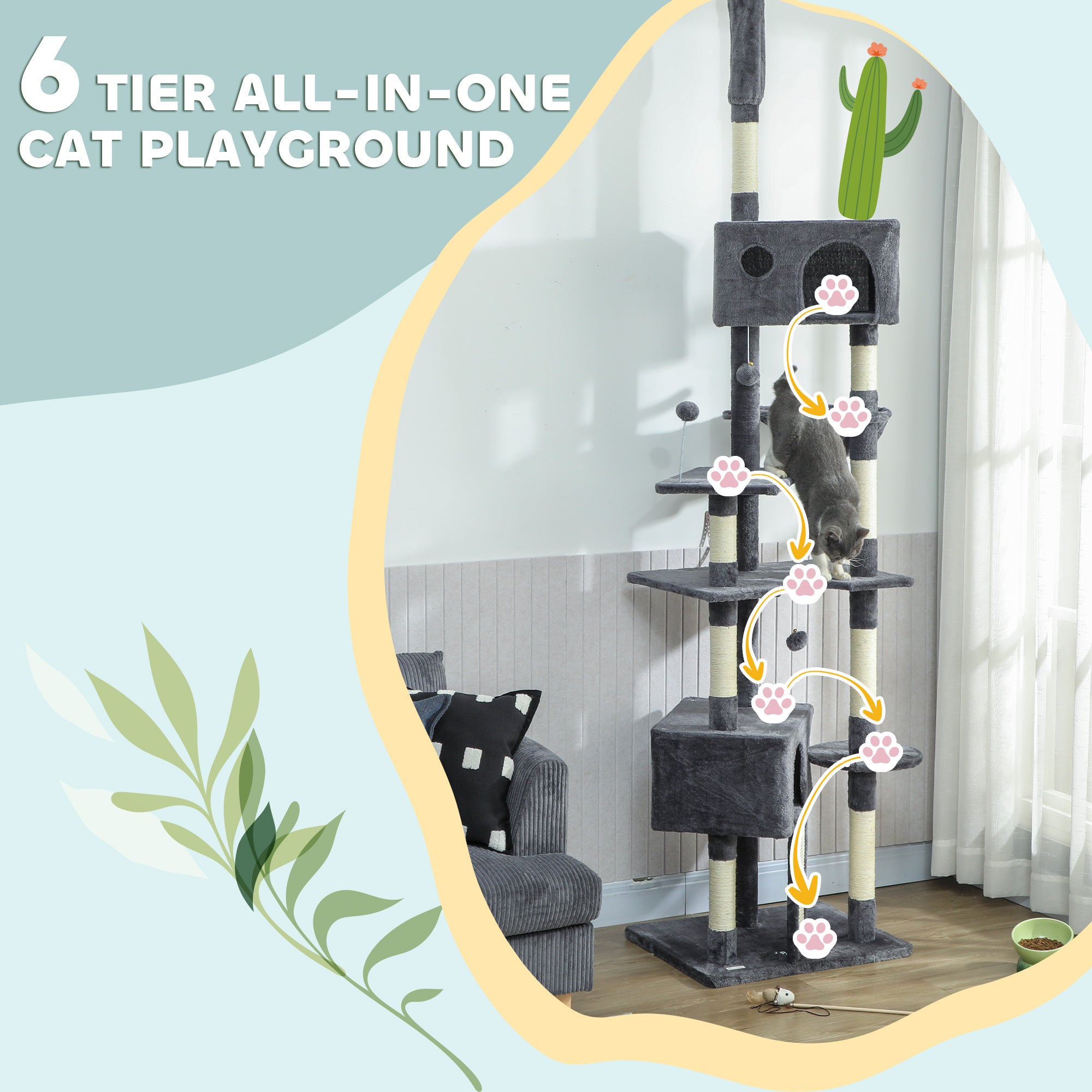 91"-98" Floor to Ceiling Cat Tree with 2 Condos, Hammock and Sisal Scratching Posts, for Indoor, Dark Grey