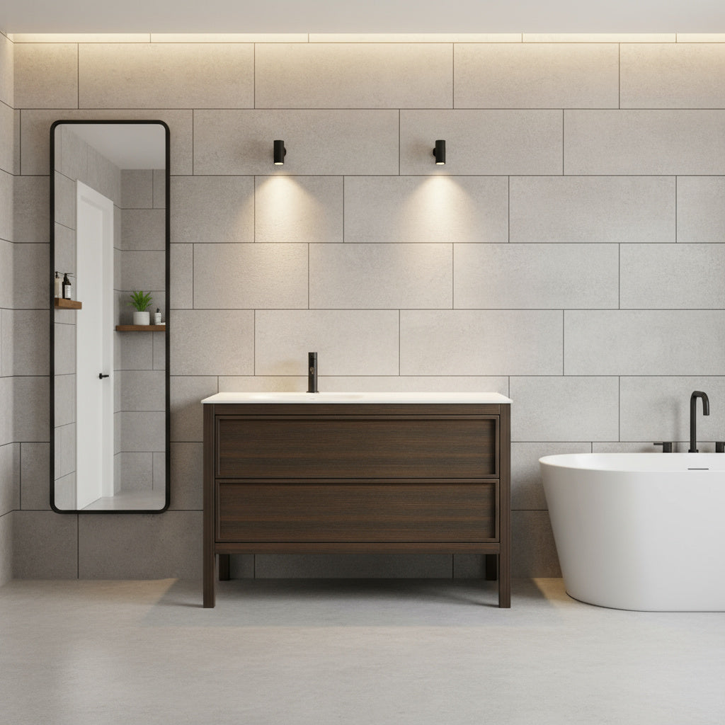 48" Smoked Oak Freestanding Single Sink Bathroom Vanity with White Solid Surface Countertop