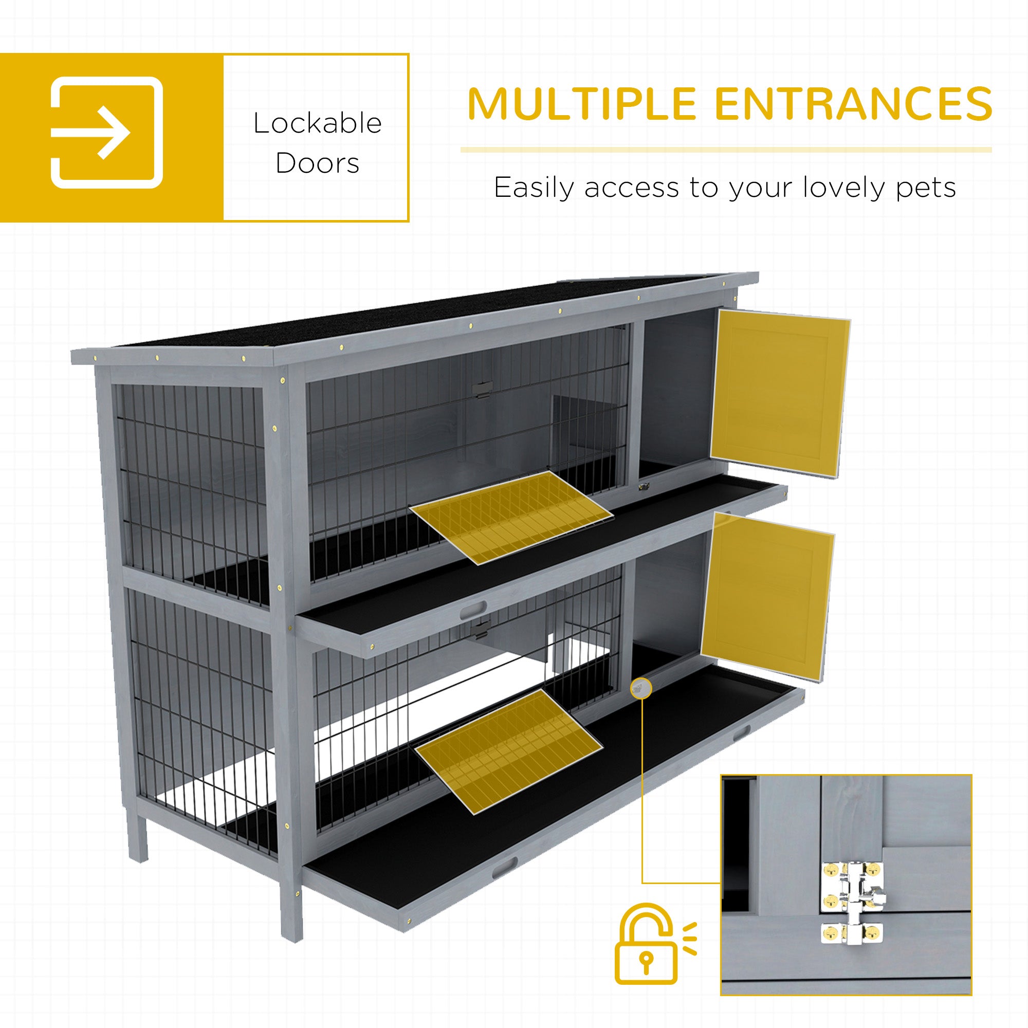 Clapier en bois à 2 niveaux pour lapins, maison pour animaux, enclos en bois avec parcours, gris