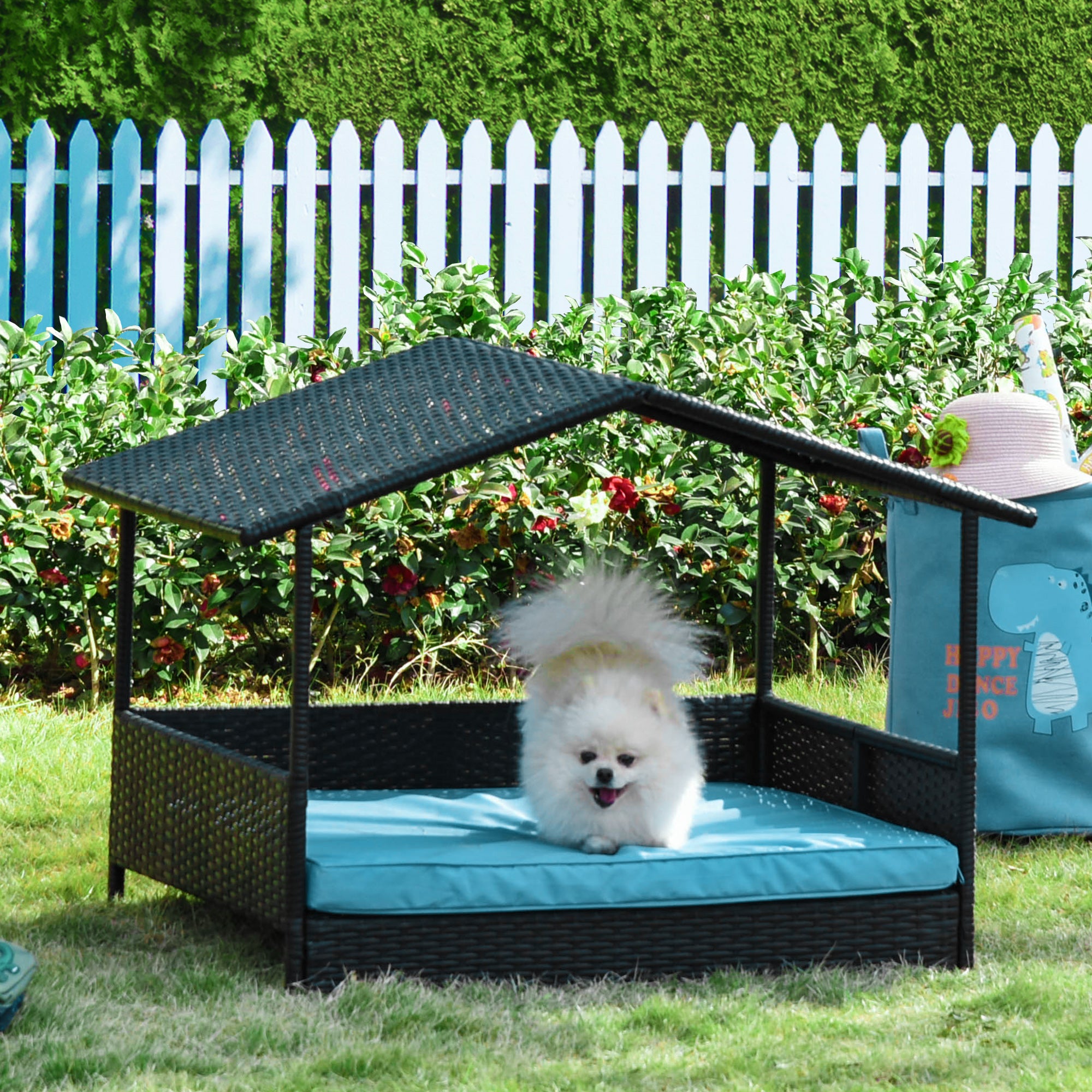 Rattan Dog House with Canopy, Wicker Dog Bed with Water-Resistant Cushion, for Small and Medium Breeds Blue